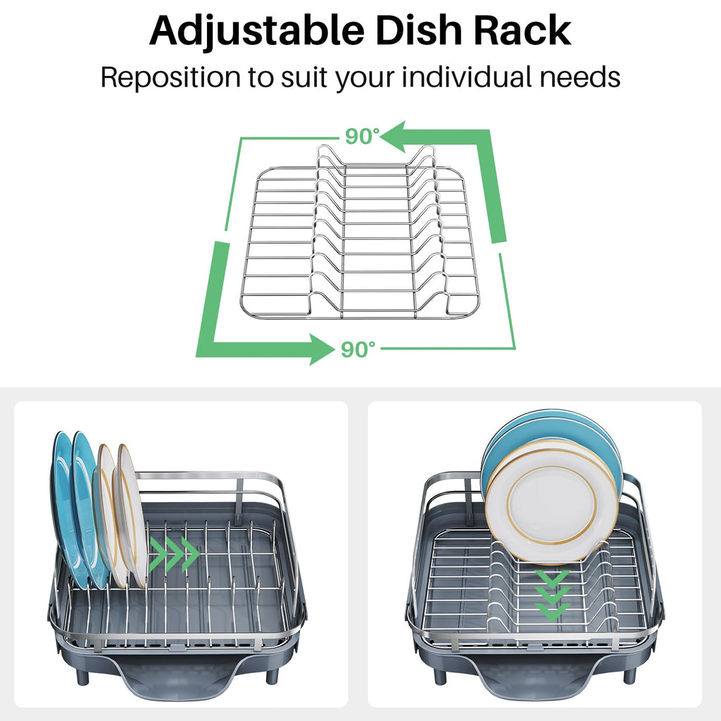 SNTD Dish Drying Rack, Expandable Dish Rack for Kitchen Counter, Stainless Steel Dish Drainer with Drainboard Set and Utensil Holder (Black)