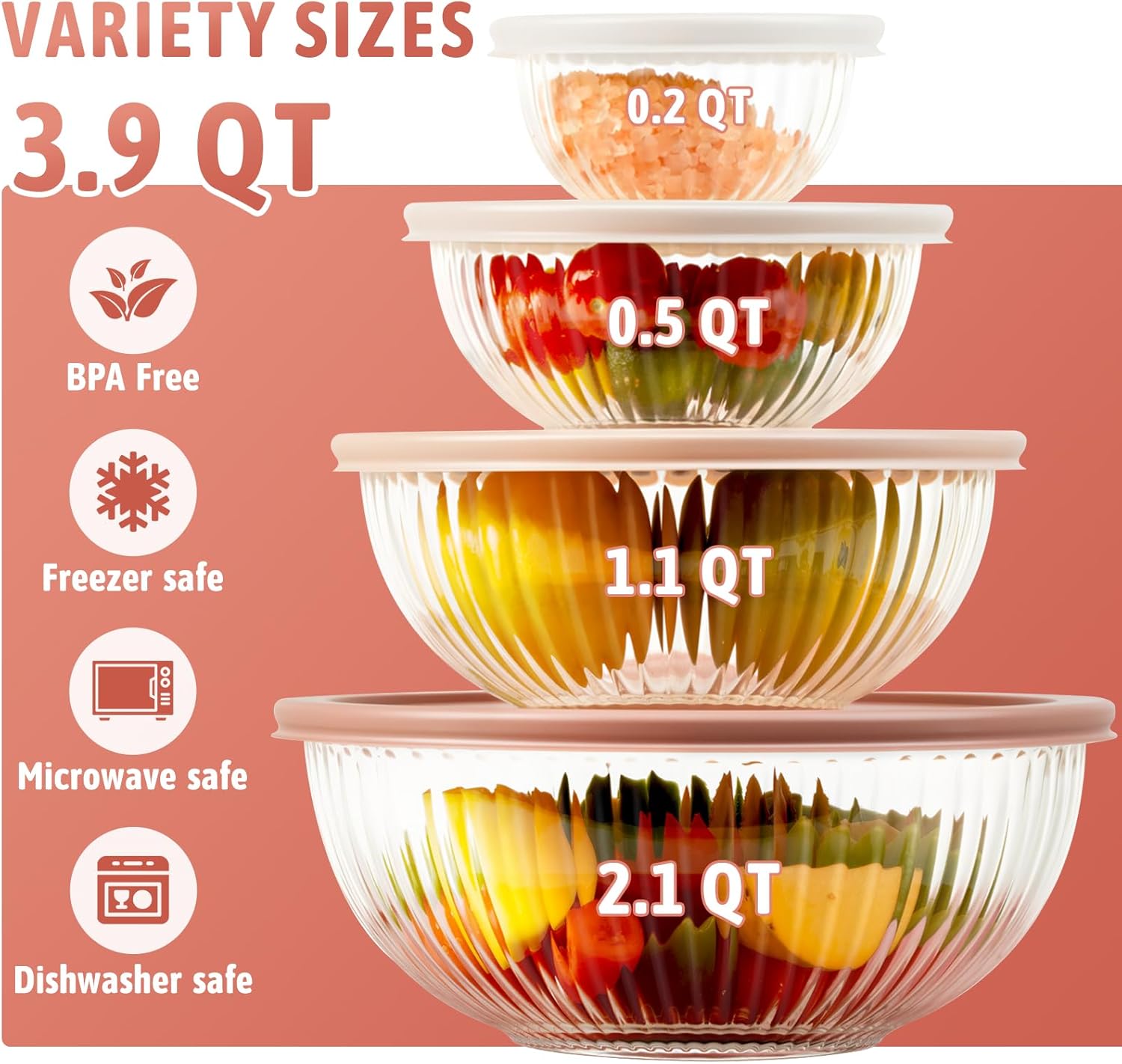 Freshmage Glass Mixing Bowls with Lids Sets, 4 Packs Glass Bowls with Lids for Kitchen Baking, Meal Prepping and Salad, Bpa Free and Dishwasher Safe Serving Bowls, 0.2/0.5/1.1/2.1