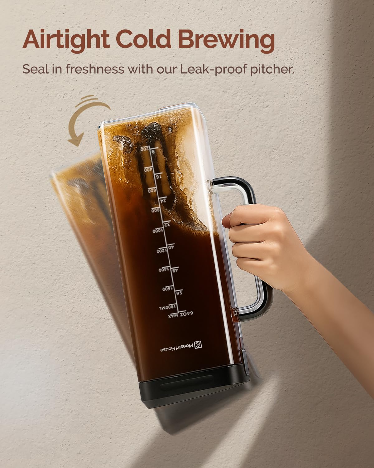 Maestri House Compact Cold Brew Coffee Maker, 40oz Iced Tea and Coffee Maker Brewer Space Saving Tritan Pitcher, 350 Mesh Filter, 100% Leak-Proof