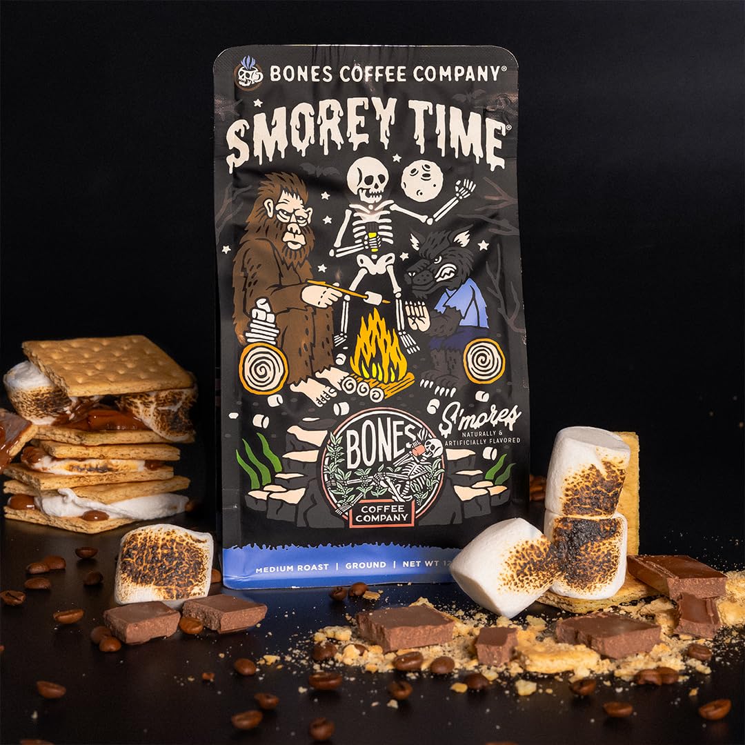 Bones Coffee Company Salted Caramel Flavored Coffee, Medium Roast Low Acid Arabica Beans Compatible with Auto drip and French Press Coffee Maker, 12 Oz Whole Bean
