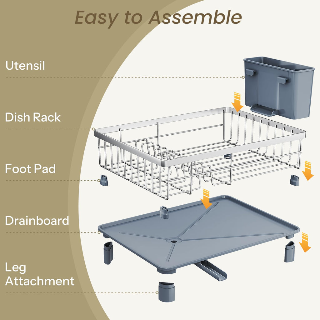 SNTD Dish Drying Rack - Small Dish Rack for Kitchen Counter, Stainless Steel Dish Drainer with Utensil Holder and Drainboard, 11" W x 15" L (Black)