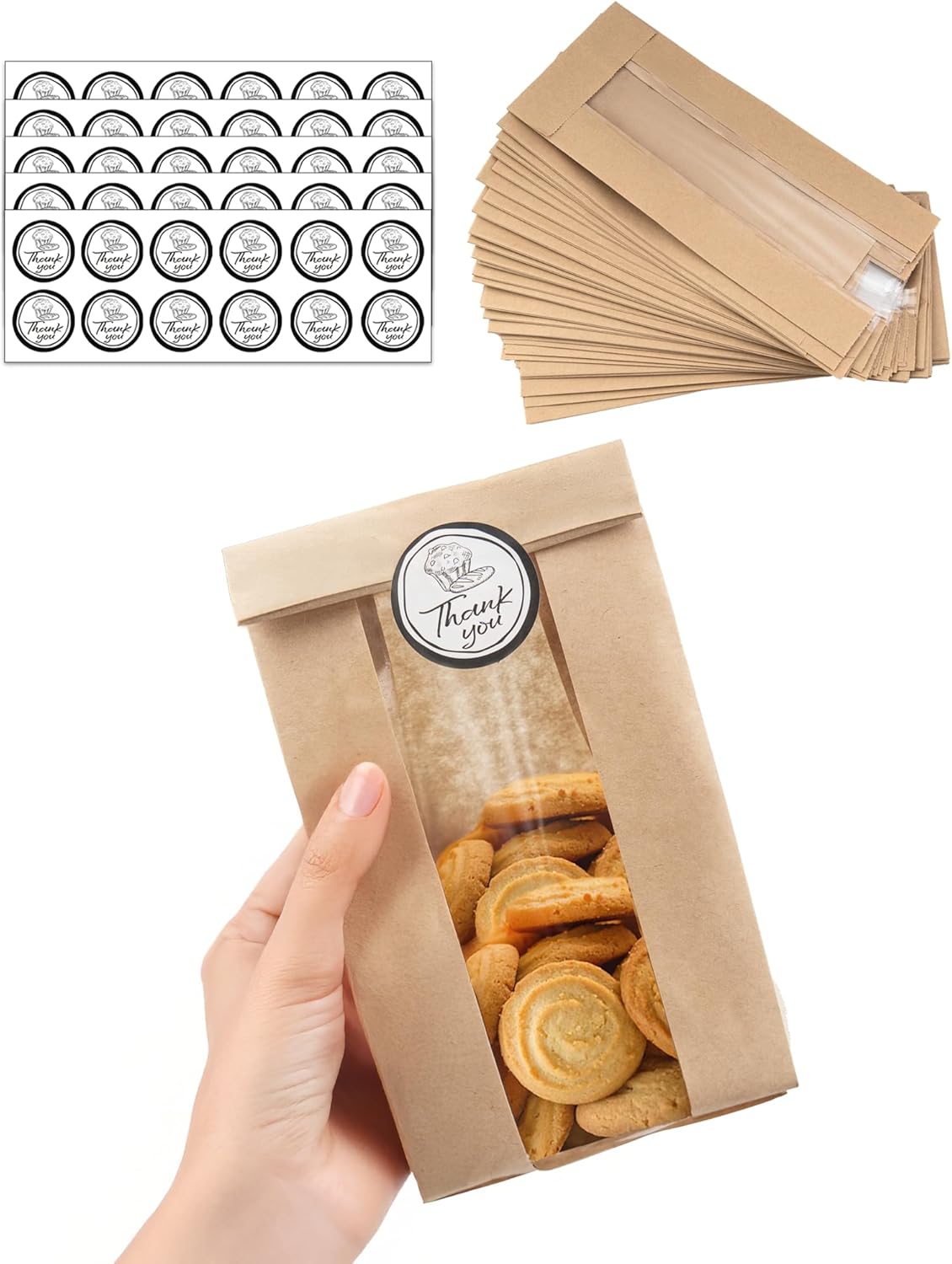 50 PCS Small Cookie Bags with Seal, 3.5"x 2.3"x7.5" Kraft Brown Paper Bags with Stickers, Bakery Bag for Snack, Cupcake, Coffee Bean, Party Favor, Cookie Packaging