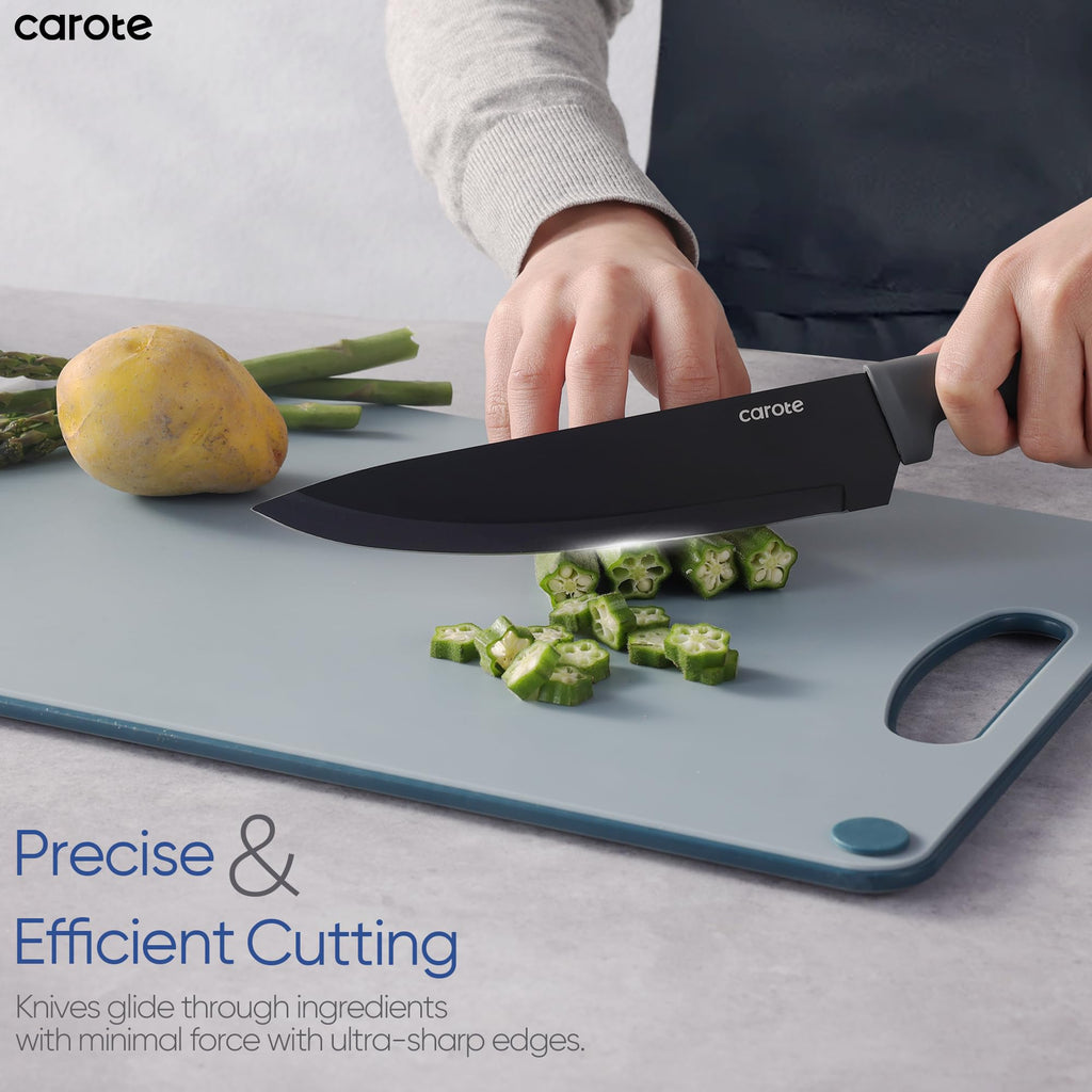 CAROTE 14Pcs Kitchen Knife Set, Stainless Steel knife set with ABS Block, Rustproof Cutlery with Ceramic Surface, 6 Steak Knives