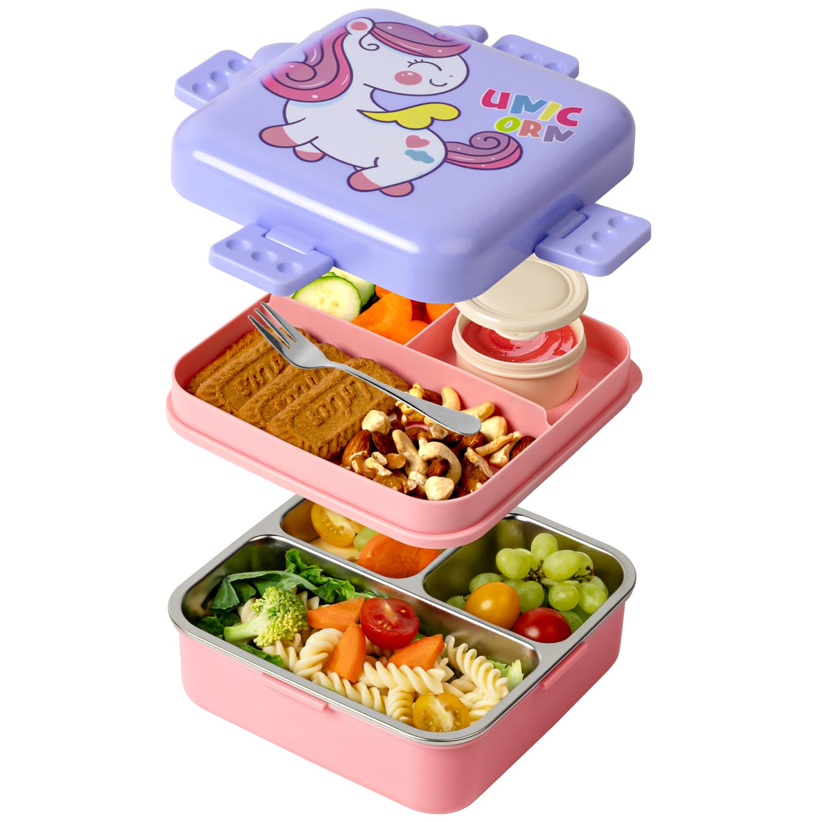 Freshmage Stainless Steel Double-Layer Bento Box Container with 3 Compartments, Large Capacity Leakproof and BPA Free Bento Lunch Box, Durable,Drop-Proof, Dishwasher Safe, Pink