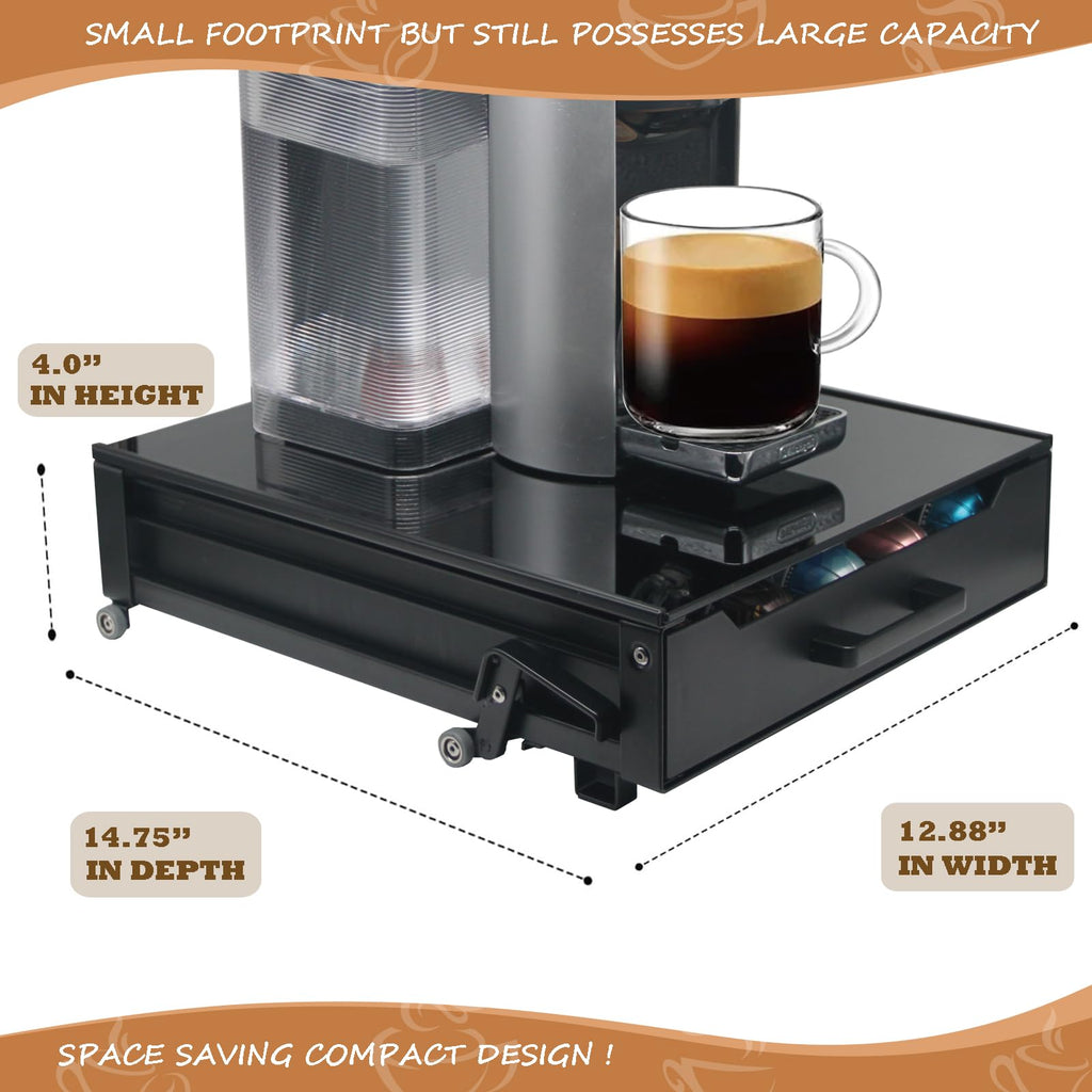 Vertuo Pod Holder Drawer with Deluxe Black Tempered Glass Top, Compatible for Nespresso VertuoLine Pods, Holds up to 75 Small or 50 Big Vertuo Pods Compact Design (Piano Black Nespresso Pods Holder)