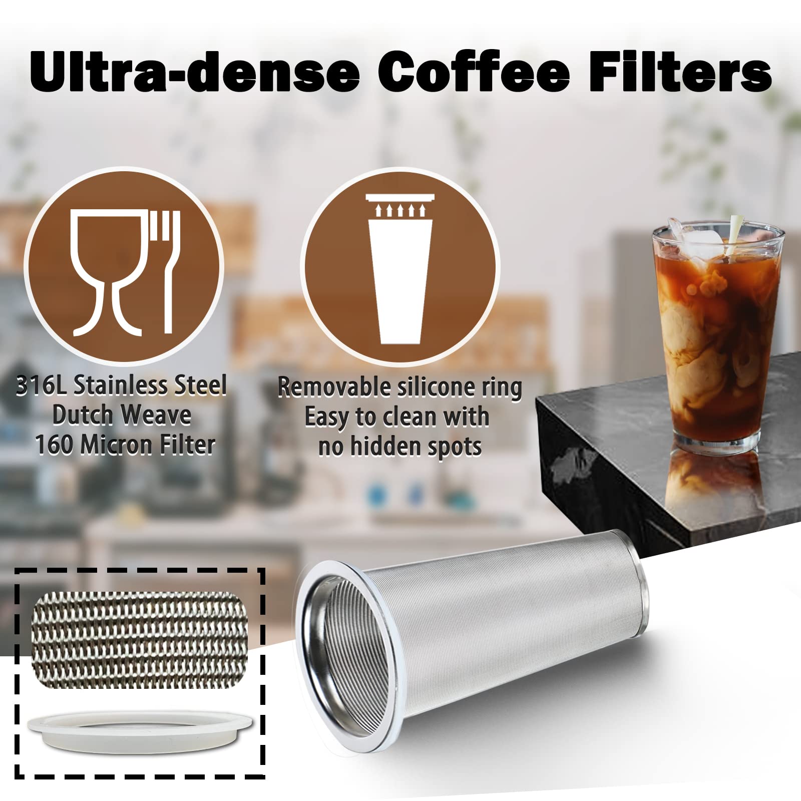 Cold Brew Mason Coffee Maker - 64oz Iced Coffee Pitcher with Stainless Steel Mixing Spoon & Super Dense Filter 3 Steps Finish Cold Brew Coffee, Classic BPA Free Sturdy Mason jar Pitcher Easy to Clean