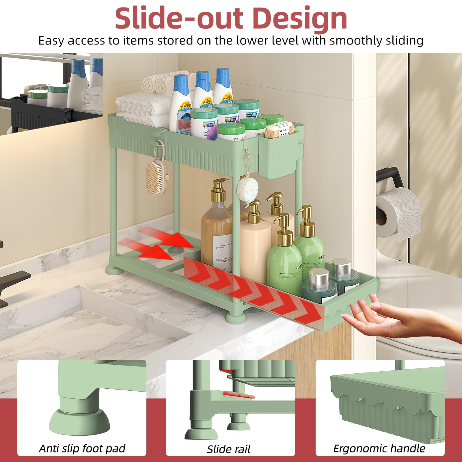 4 Pack Under Sink Organizer, Bathroom Organizers and Storage, 2 Tier Multi-Use Pull Out Cabinet Organizer with Hang Hooks and Cups (Black, 4 Pack)