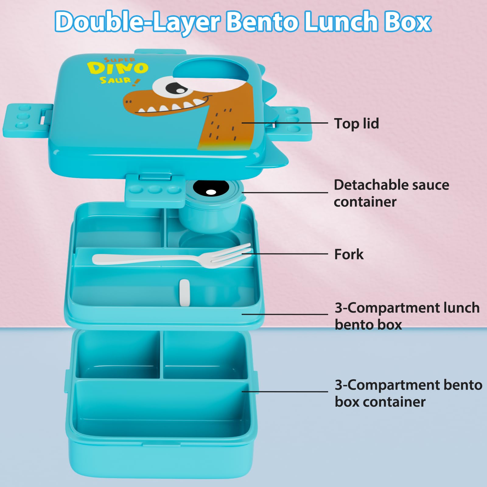 Freshmage Plastic Double-Layer Bento Box Container with 3 Compartments, Large Capacity Leakproof and BPA Free Bento Lunch Box, Durable,Drop-Proof, Dishwasher and Microwave Safe, Blue