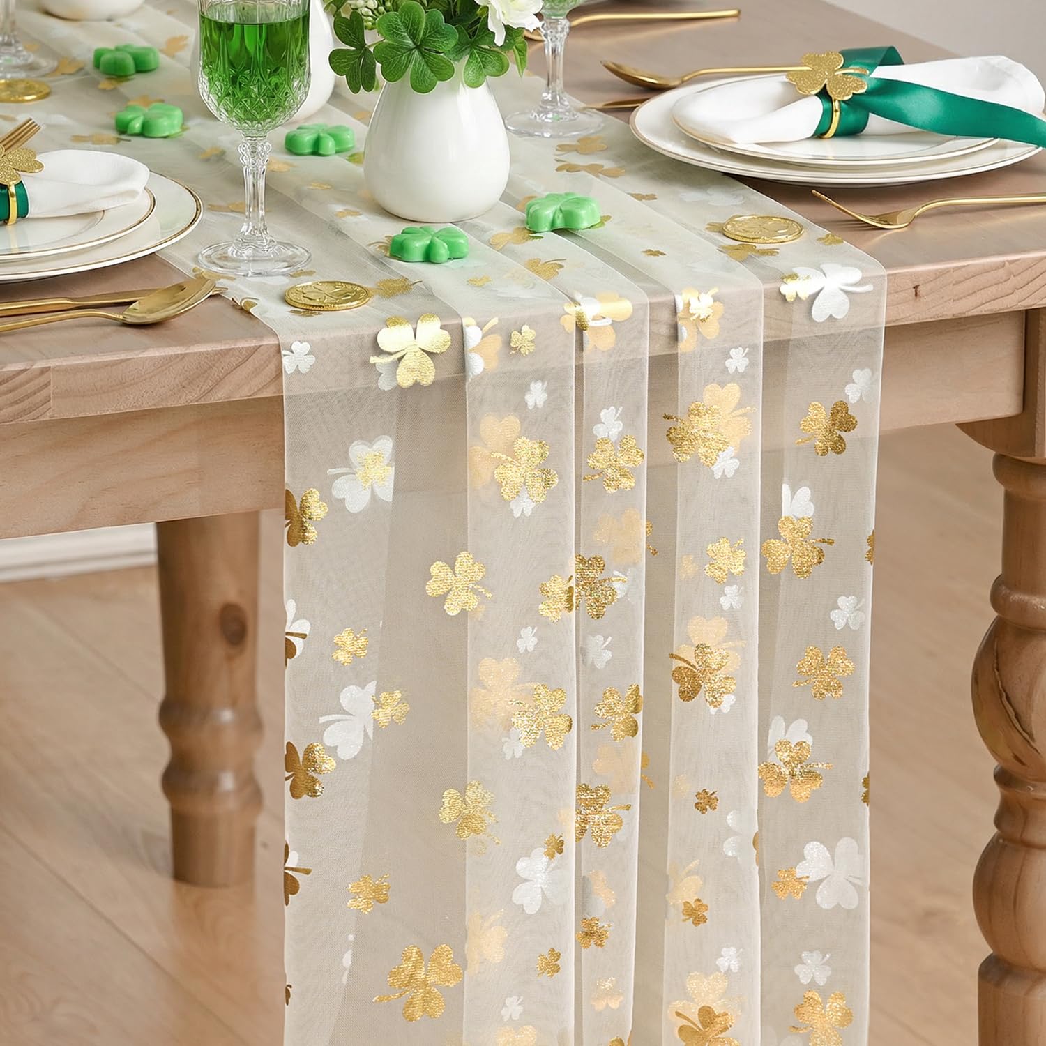 Artoid Mode Gauze Green Shamrocks St.Patrick's Day Table Runner 120 Inch 10FT,Seasonal Sheer Dining Holiday Baby Shower Table Decor for Home Party
