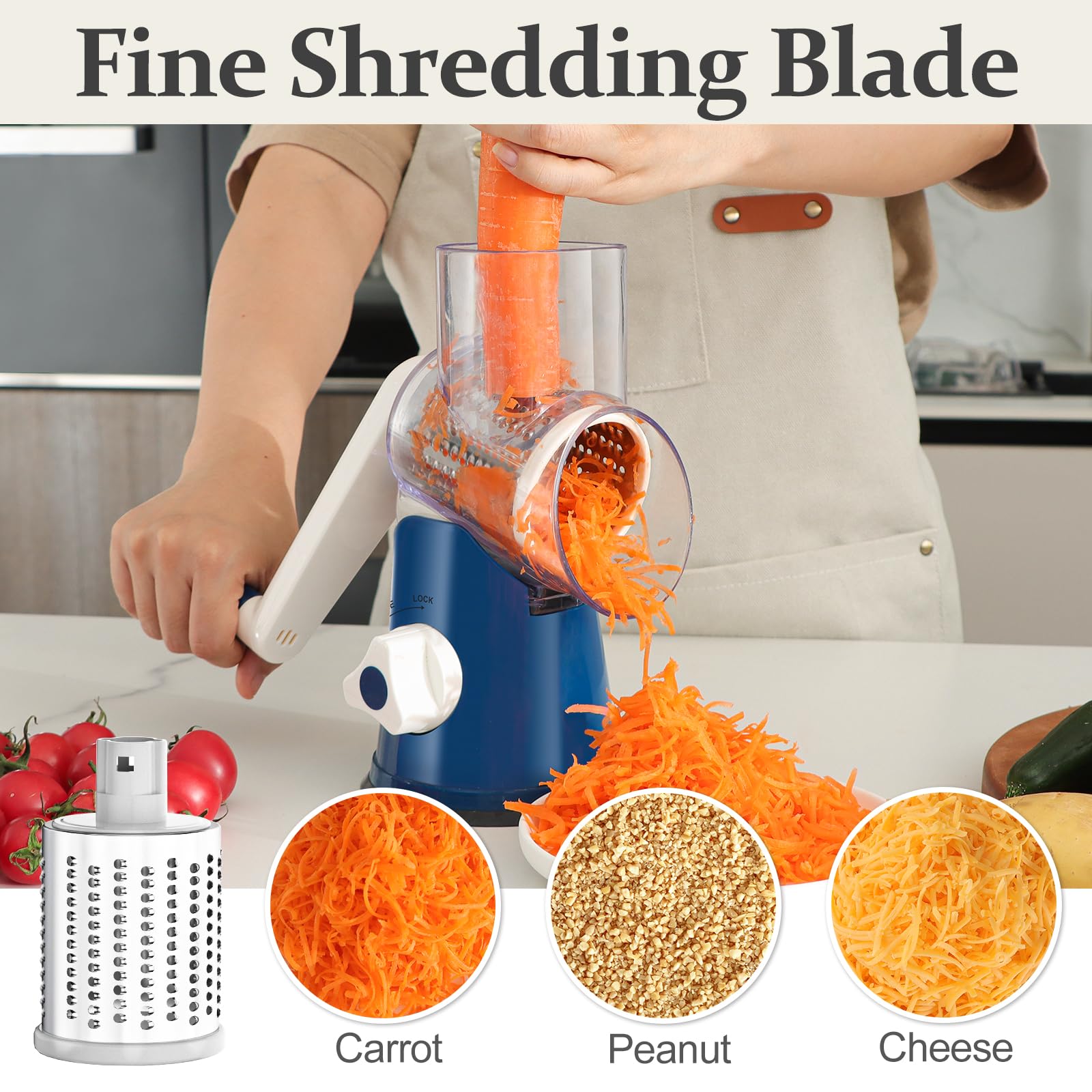 Cambom 5 in 1 Rotary Cheese Grater Hand Crank Cheese Shredder for Fresh Cheese, Vegetable, Nuts,Non-slip Suction Base, Black