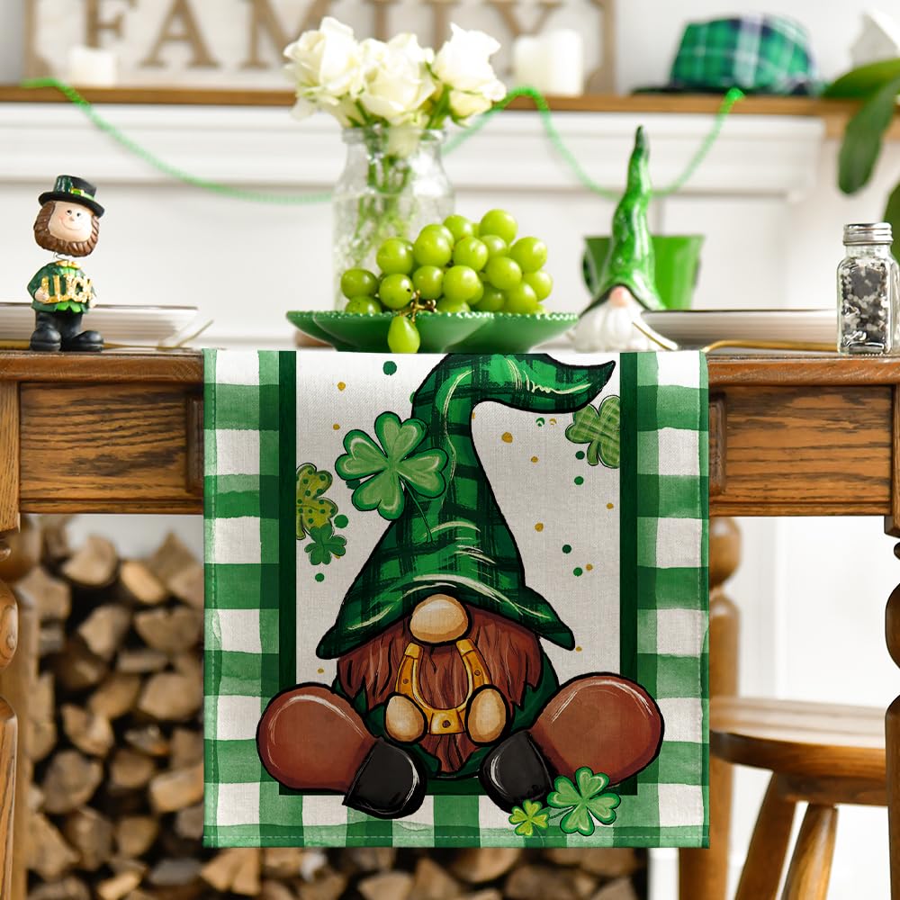 Artoid Mode Buffalo Plaid Shamrock Gnome St. Patrick's Day Table Runner, Seasonal Spring Holiday Kitchen Dining Table Decoration for Indoor Outdoor Home Party Decor 13 x 72 Inch
