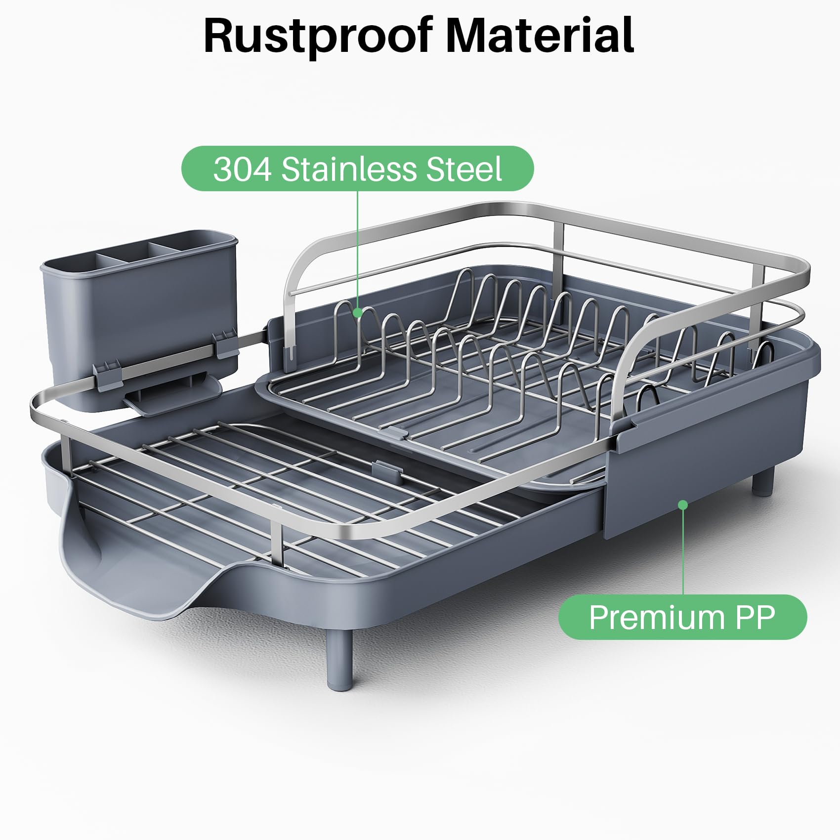 SNTD Dish Drying Rack, Expandable Dish Rack for Kitchen Counter, Stainless Steel Dish Drainer with Drainboard Set and Utensil Holder (Black)