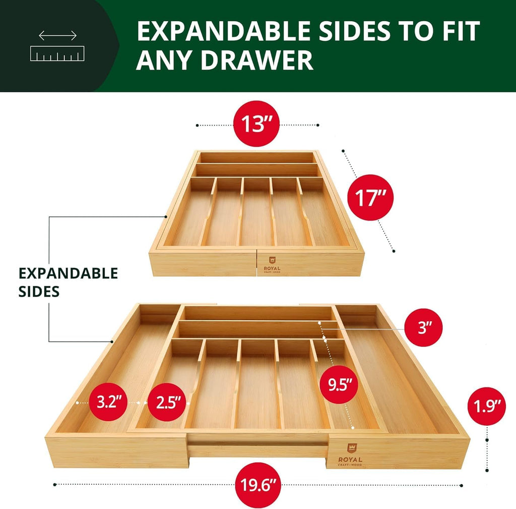ROYAL CRAFT WOOD Luxury Bamboo Kitchen Drawer Organizer - Silverware Organizer - Utensil Holder and Cutlery Tray with Grooved Drawer Dividers for Flatware and Kitchen Utensils