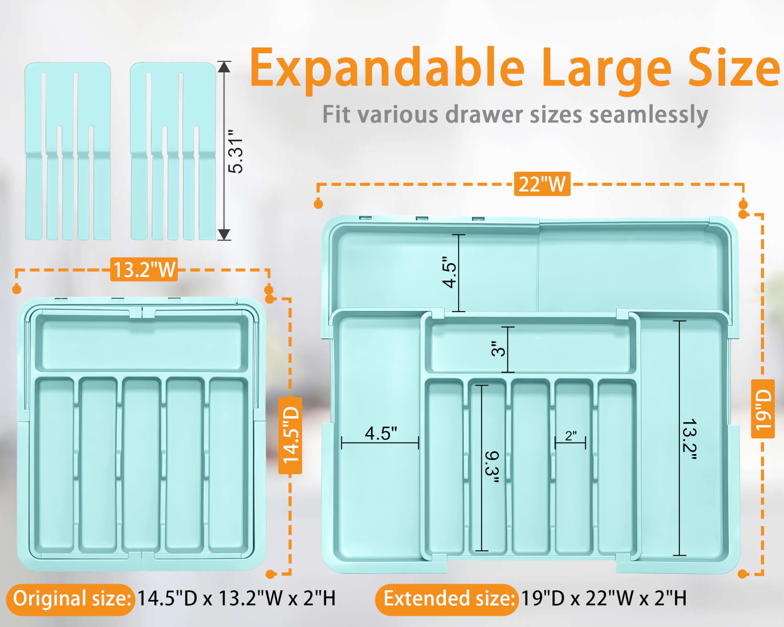 Homecor Silverware Organizer - Expandable Large Kitchen Drawer Organizer Utensil Organizer with 2 Removable Knife Blocks, 22"x 19"Cutlery Tray Drawer Dividers for Kitchen Flatware(6-9 Slots) (Black)