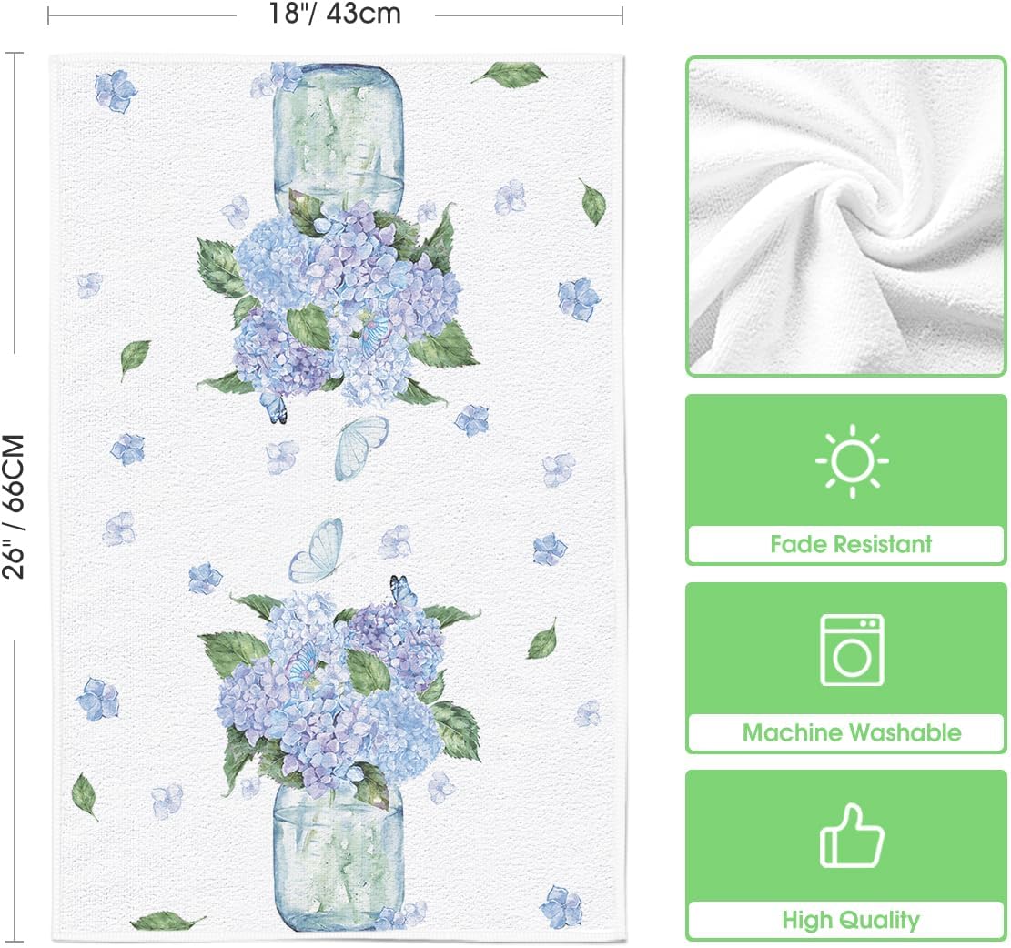 Artoid Mode Hydrangea Vase Butterfly Spring Kitchen Towels Dish Towels, 18x26 Inch Summer Flowers Holiday Decoration Hand Towels Set of 2