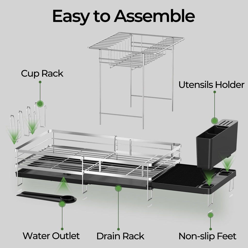Large Dish Drying Rack, Expandable Dish Rack, Stainless Steel Anti-Rust Dish Racks for Kitchen Counter, Multifunctional Dish Drainer with Utensil Holder & Cup Holder, 13.4"-28.7" L x 11.8" W