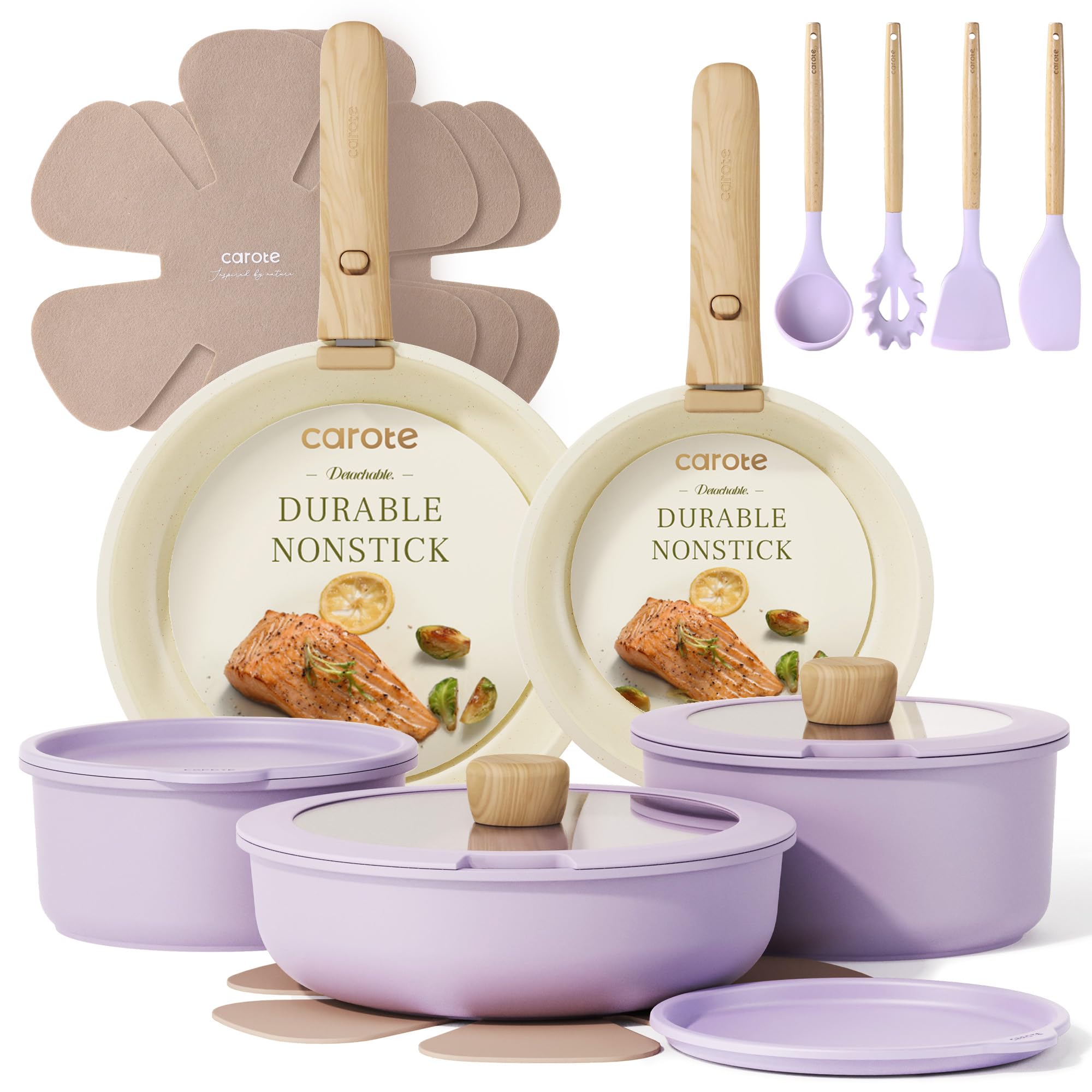 CAROTE Pots and Pans Set, Nonstick Cookware Set Detachable Handle, 19pcs Induction Kitchen Cookware Sets Non Stick with Removable Handle, RV Cookware Set, Oven Safe, Sage Green