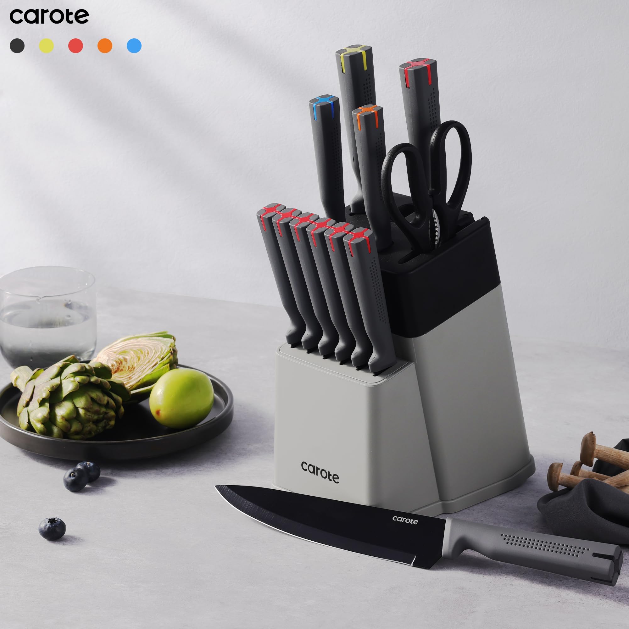 CAROTE 14Pcs Kitchen Knife Set, Stainless Steel knife set with ABS Block, Rustproof Cutlery with Ceramic Surface, 6 Steak Knives