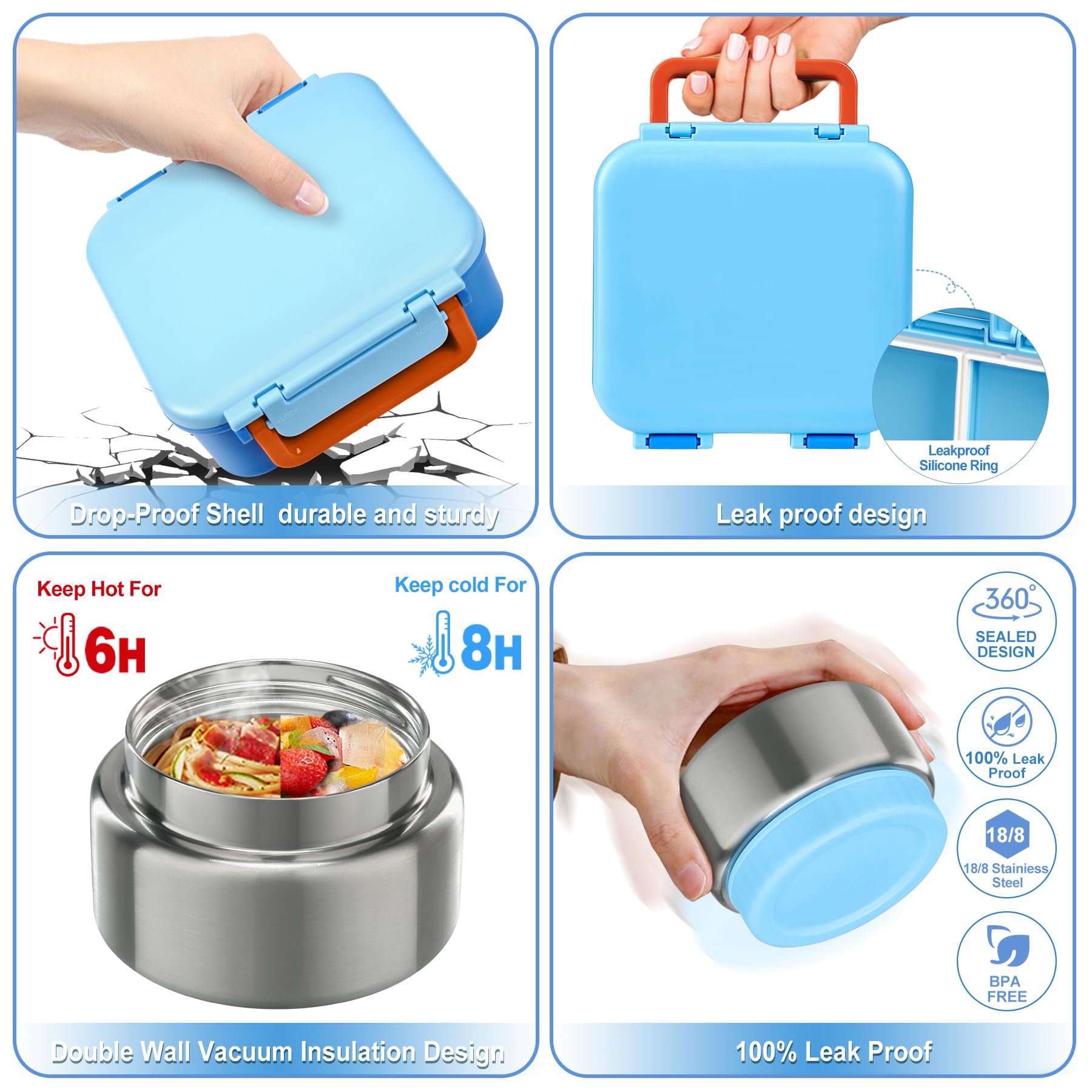 Kids Bento Lunch Box with 9oz Soup Thermo Leakproof Lunch Food Containers 4 Compartment with Insulated Hot Food Jar for Kid Toddler Girls Boys to School Trvael