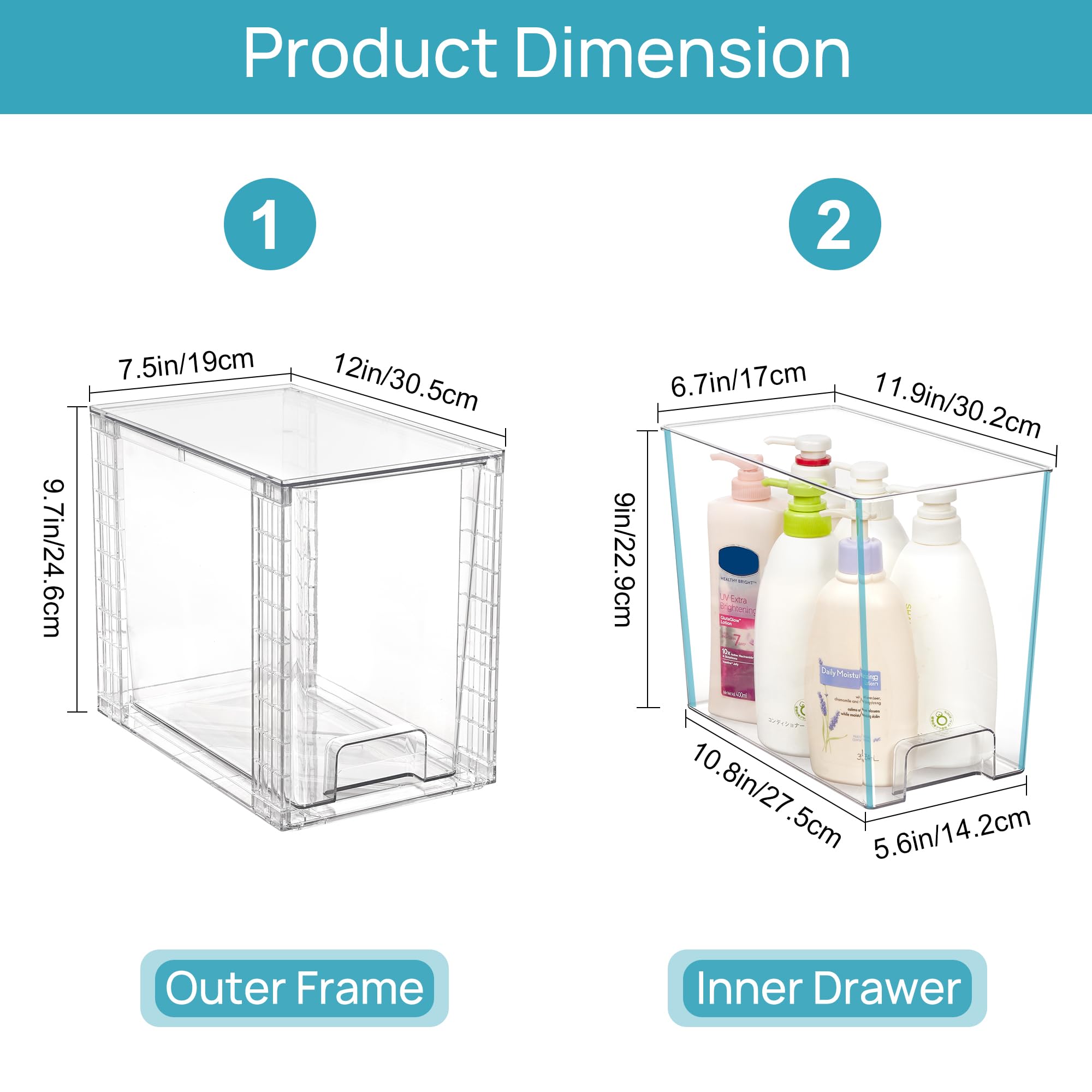 Vtopmart 4 Pack Stackable Storage Drawers,Clear Acrylic Drawer Organizers with Handles, Easily Assemble for Fridge, Bathroom,Kitchen Undersink,Cabinet,Pantry Organization and Storage