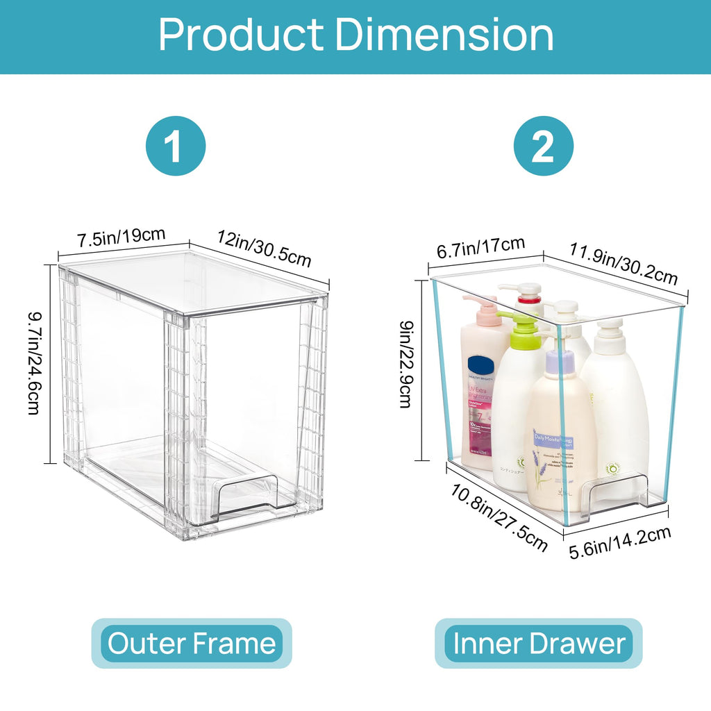 Vtopmart 4 Pack Stackable Storage Drawers,Clear Acrylic Drawer Organizers with Handles, Easily Assemble for Fridge, Bathroom,Kitchen Undersink,Cabinet,Pantry Organization and Storage