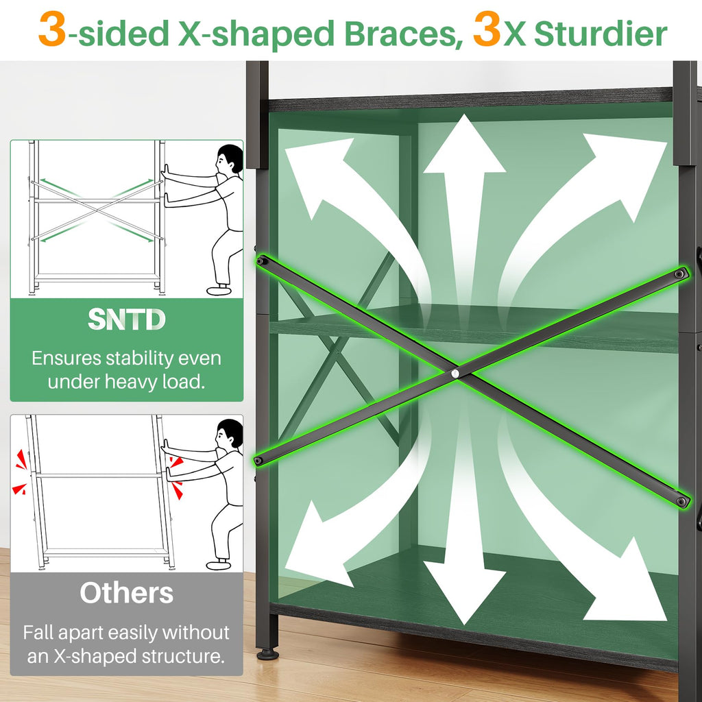 SNTD Bakers Rack with Power Outlet, Kitchen Shelves Microwave Stand with Wire Grid and 10 Hooks, 4 Tiers Coffee Stand (Rustic Brown, 23.5 x 15.6 x 52.8 Inches)