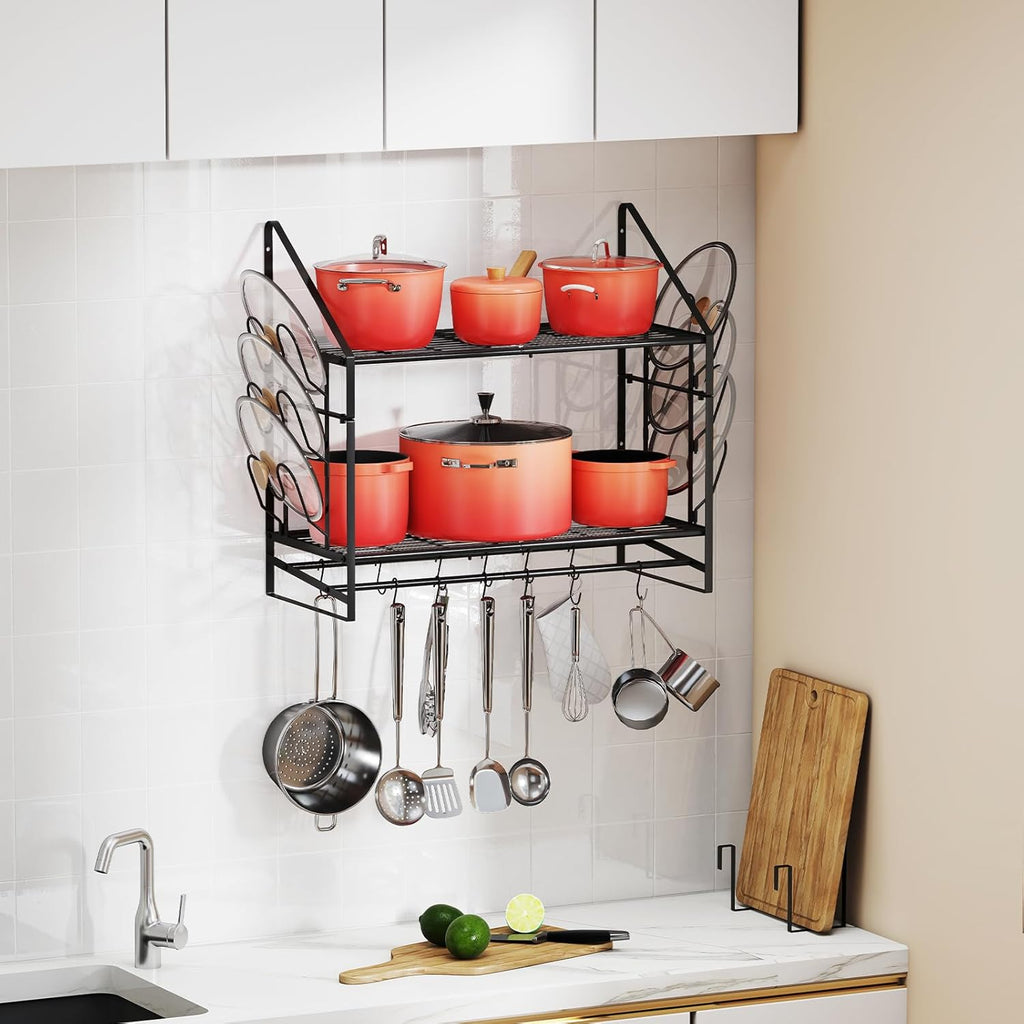 28-Inch Pot Rack Wall Mounted, 2-Tier Pots and Pans Hanger with 12 Hooks, Pot and Pan Hanging Rack for Wall, 6 Pot Lid Holders, Heavy-Duty Pot Hanger for Kitchen Cookware and Utensils, Black