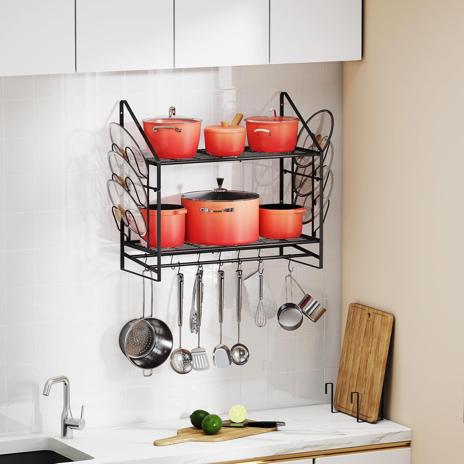 28-Inch Pot Rack Wall Mounted, 2-Tier Pots and Pans Hanger with 12 Hooks, Pot and Pan Hanging Rack for Wall, 6 Pot Lid Holders, Heavy-Duty Pot Hanger for Kitchen Cookware and Utensils, Black