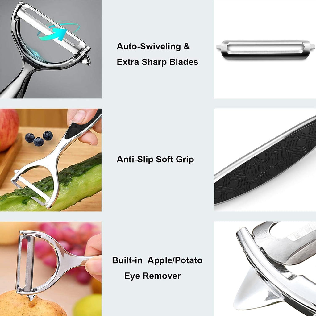 Vegetable Peeler, Potato Peelers for Kitchen Stainless Steel Multi-function Set Fruit Peeler For Kitchen and Household Tools Y & I Shape Swivel Blades for Fruit Vegetables(Black)