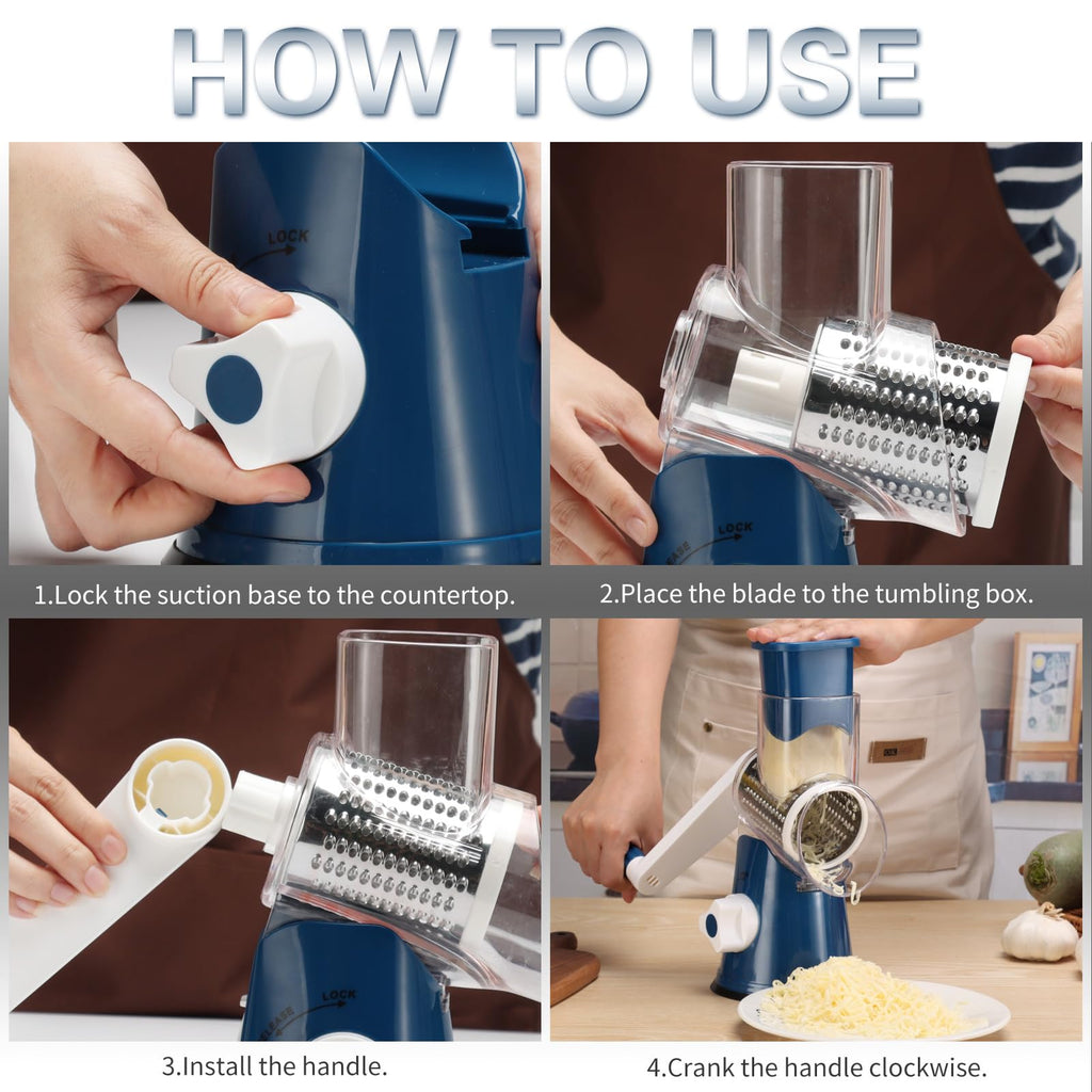 Cambom 5 in 1 Rotary Cheese Grater Hand Crank Cheese Shredder for Fresh Cheese, Vegetable, Nuts,Non-slip Suction Base, Black