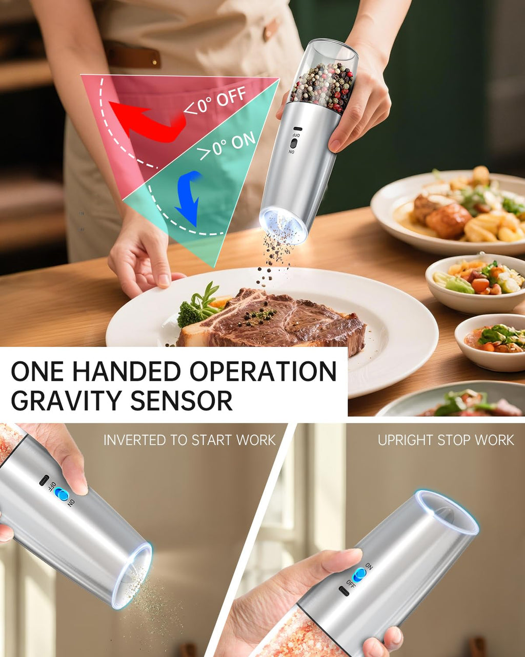 CIRCLE JOY Rechargeable Salt and Pepper Grinder Set Gravity Electric Salt and Pepper Grinder Set, LED Light, Adjustable Coarseness, for Home Kitchen BBQ, Black & White