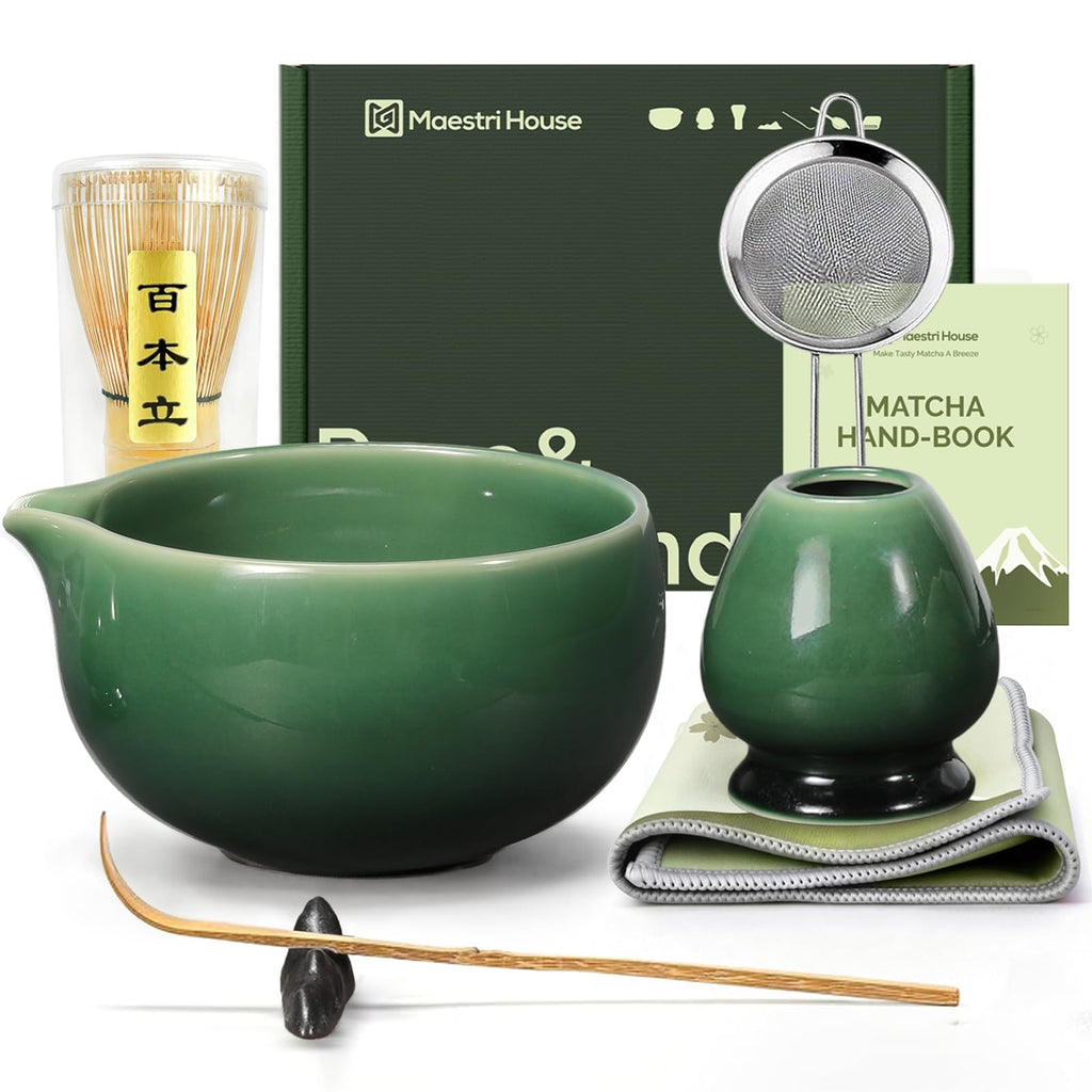 Maestri House Pink Matcha Whisk Set, 7-Pc Complete Matcha Kit with Spouted Ceramic Bowl, Bamboo Whisk and Holder, Scoop, Spoon Rest & Sifter, Tea Cloth – Ideal Gift for Matcha Lovers (Pink)
