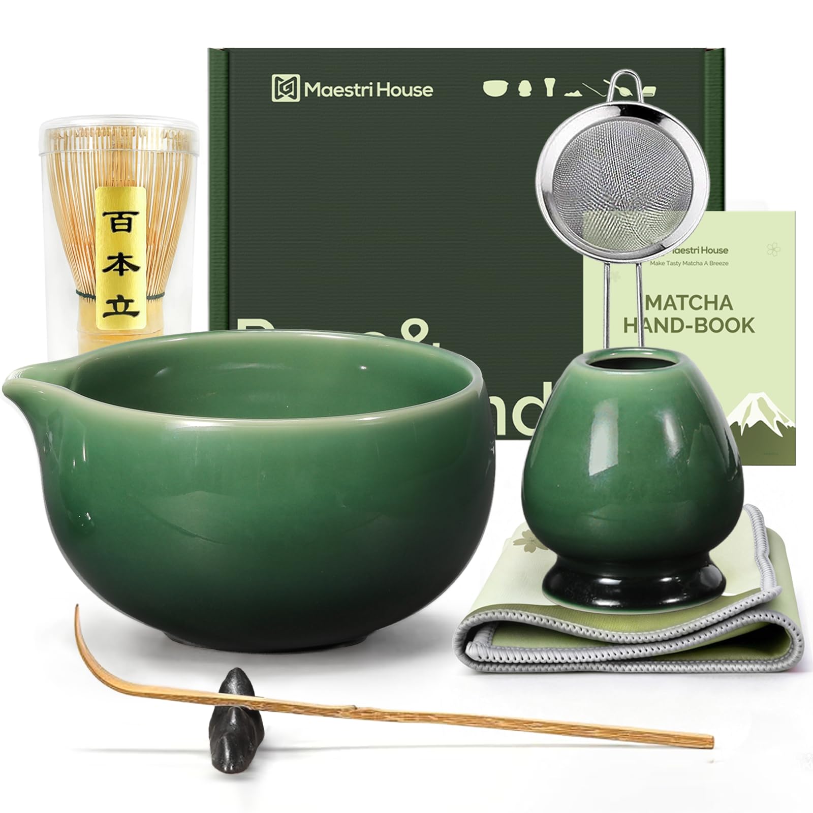 Maestri House Pink Matcha Whisk Set, 7-Pc Complete Matcha Kit with Spouted Ceramic Bowl, Bamboo Whisk and Holder, Scoop, Spoon Rest & Sifter, Tea Cloth – Ideal Gift for Matcha Lovers (Pink)