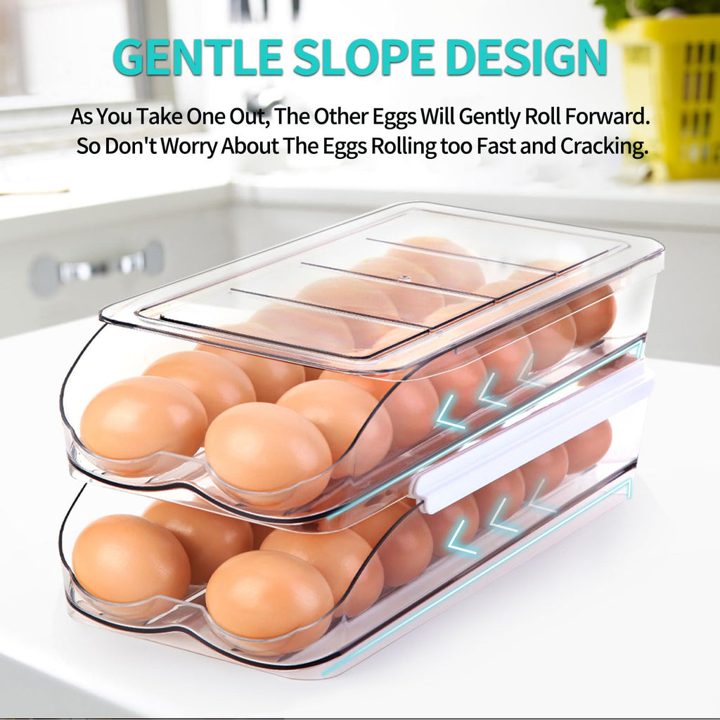Egg Holder for Fridge, Automatic Rolling Egg Container for Refrigerator, Stackable Fridge Organizers and Storage with Lid, Clear Plastic Egg Dispenser & Tray (2 Tier)