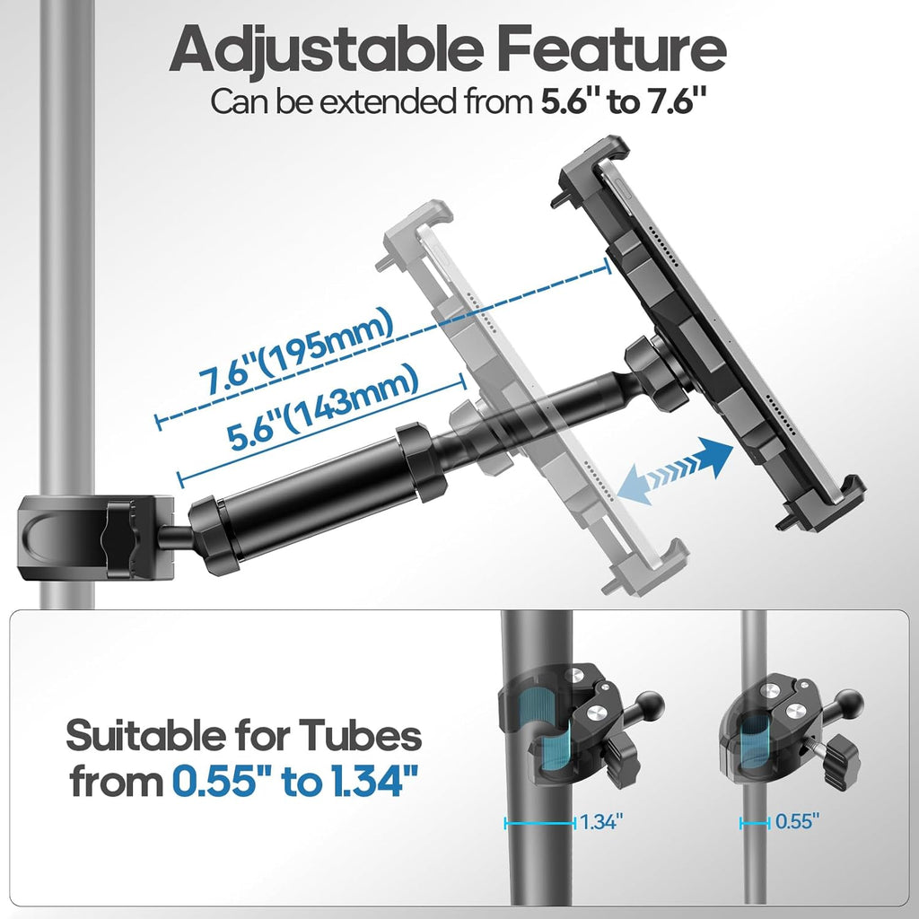 KDD iPad Holder for Mic Stand, Adjustable Tablet & Phone Mount for Microphone Music Stand, Fitness Bike Handlebar Bracket, Fit for iPad Pro 12.9, Air, Mini, Galaxy Tabs, iPhone(4.7-13”)