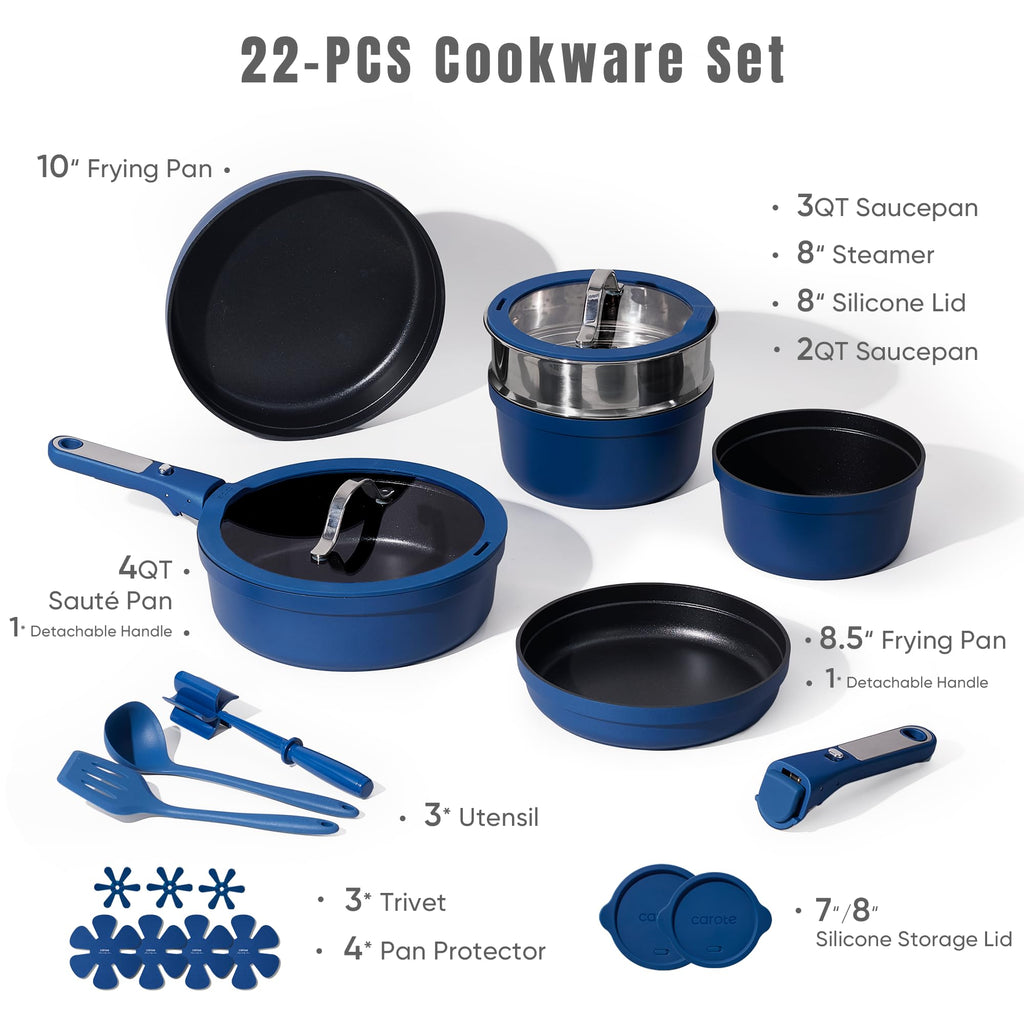 CAROTE 22pcs Pots and Pans Set Non Stick, Nonstick Cookware Set, Dishwasher/Oven/Fridge Safe Pots and Pans, Removable Handle RV Oven Safe Cookware, Induction Kitchen Set, Blue