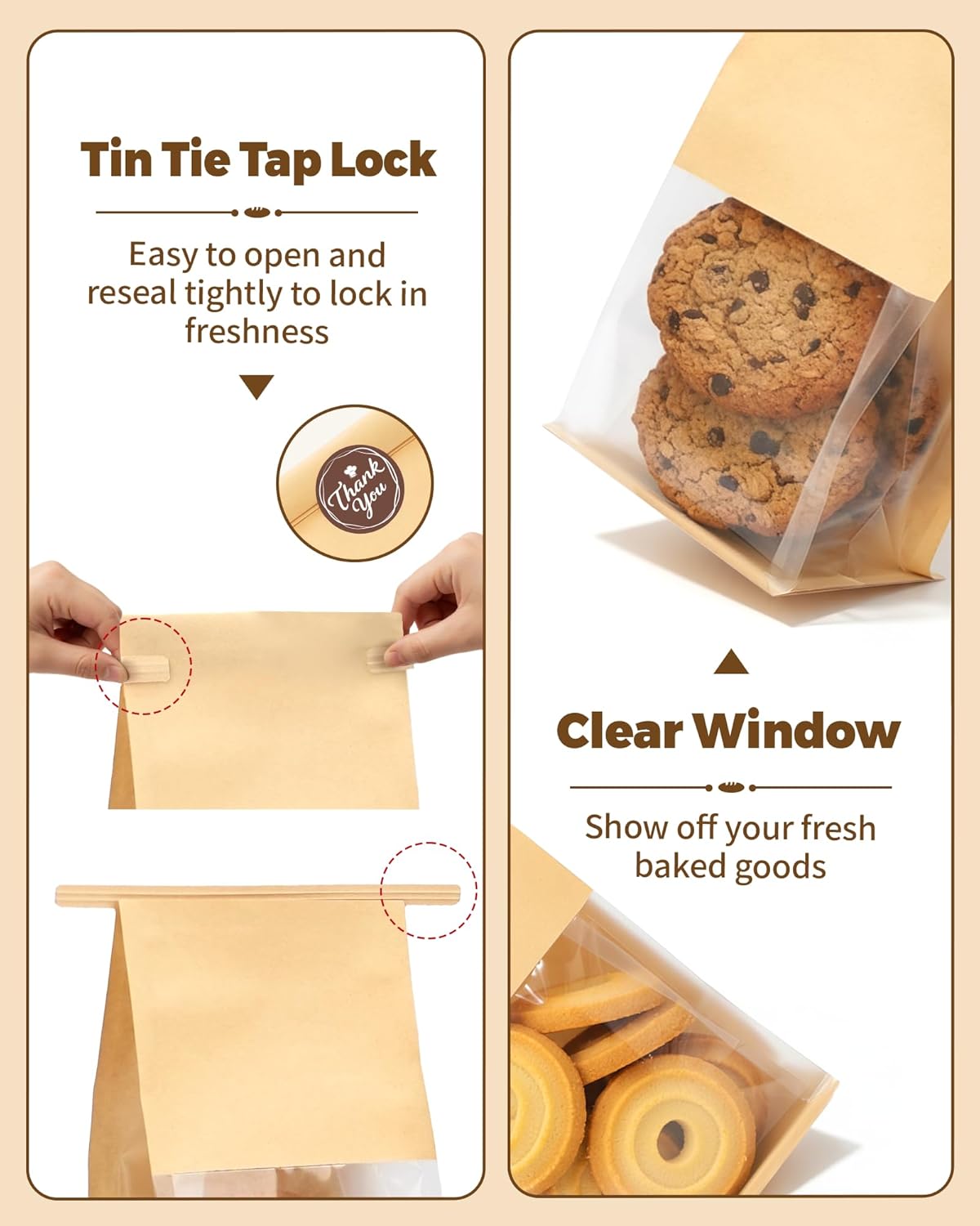 50 Pcs Small Cookie Bags with Seal, 3.9x3.1x8.2 Inches Tin Tie Tab Lock Bakery Bags with Window, Resealable Paper Cookie Packaging Bag for Muffin, Treat, Brownie, Candies, Granola