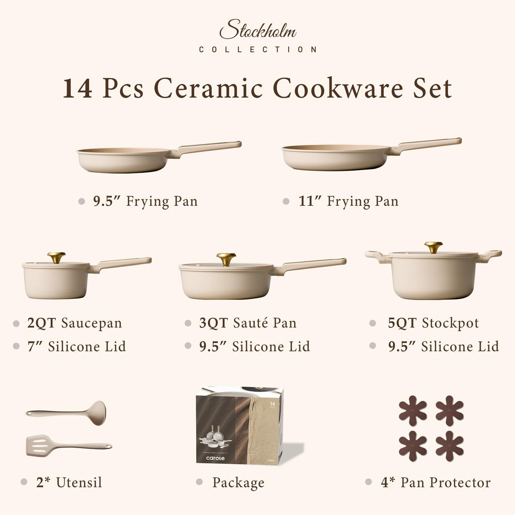 CAROTE Ceramic Cookware Set Nonstick, 14pcs Pots and Pans Set Nonstick, Non-Toxic & PFAS-Free, Dishwasher, RV/Camping Cookware Set, Cooking Pots with Lids, Charcoal Black