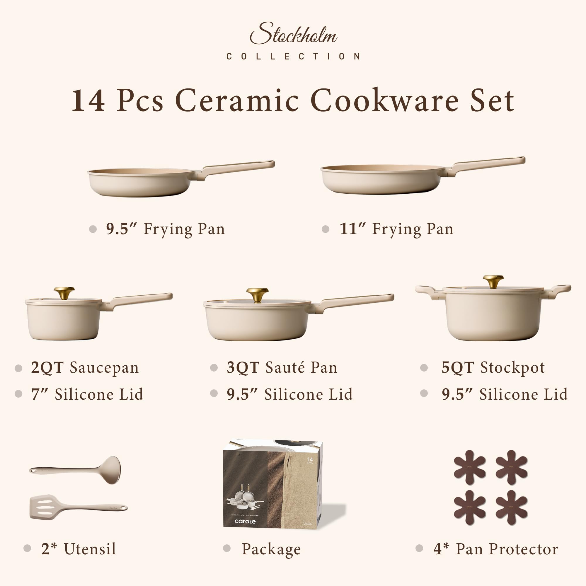 CAROTE Ceramic Cookware Set Nonstick, 14pcs Pots and Pans Set Nonstick, Non-Toxic & PFAS-Free, Dishwasher, RV/Camping Cookware Set, Cooking Pots with Lids, Charcoal Black
