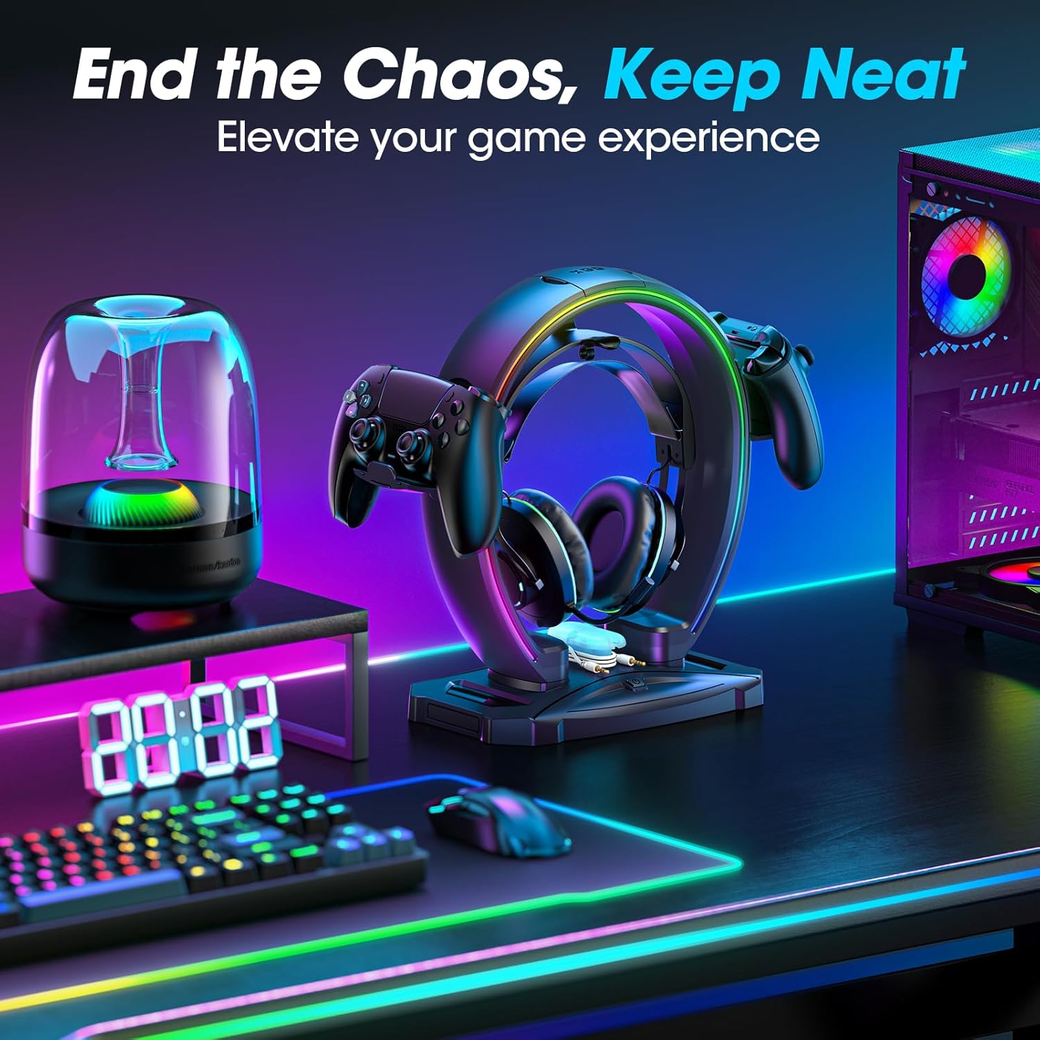 KDD RGB Headphone & Controller Stand with 9 Light Modes - Foldable Controller Hanger for Desk - Earphone Stand with Cable Organizer - for Gamers Desktop Accessories