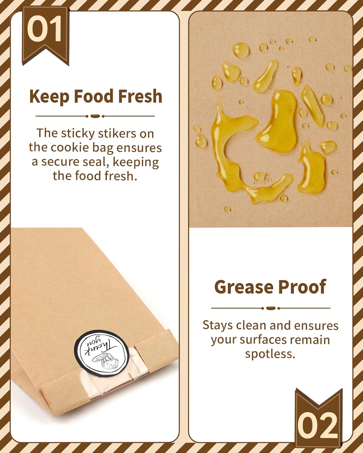 50 PCS Small Cookie Bags with Seal, 3.5"x 2.3"x7.5" Kraft Brown Paper Bags with Stickers, Bakery Bag for Snack, Cupcake, Coffee Bean, Party Favor, Cookie Packaging