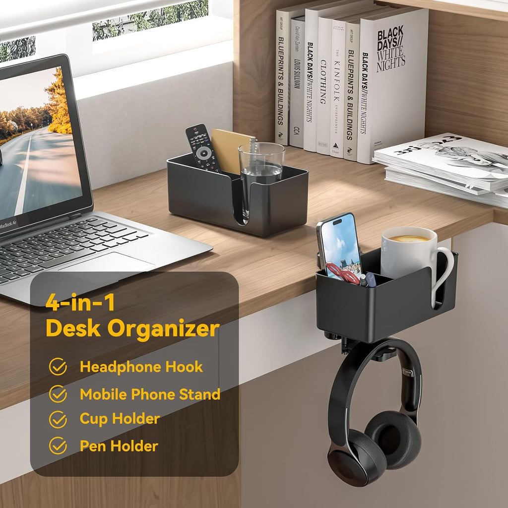 KDD Headphone Stand & Controller Holder & 4 in 1 Desk Cup Holder - Clamp on Under Desk Headphone Hanger