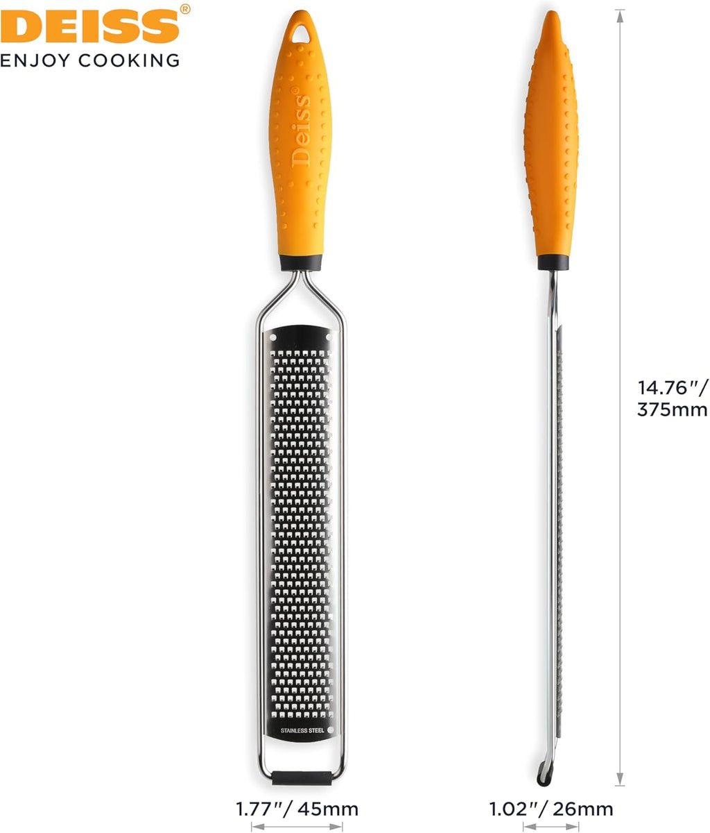 Deiss PRO Lemon Zester & Heavy Duty Cheese Grater & Vegetable Grater - Parmesan Cheese Lemon, Garlic, Nutmeg, Chocolate, Fruits, Vegetables, Ginger Grater - Cheese Shredder & Stainless Steel Grater