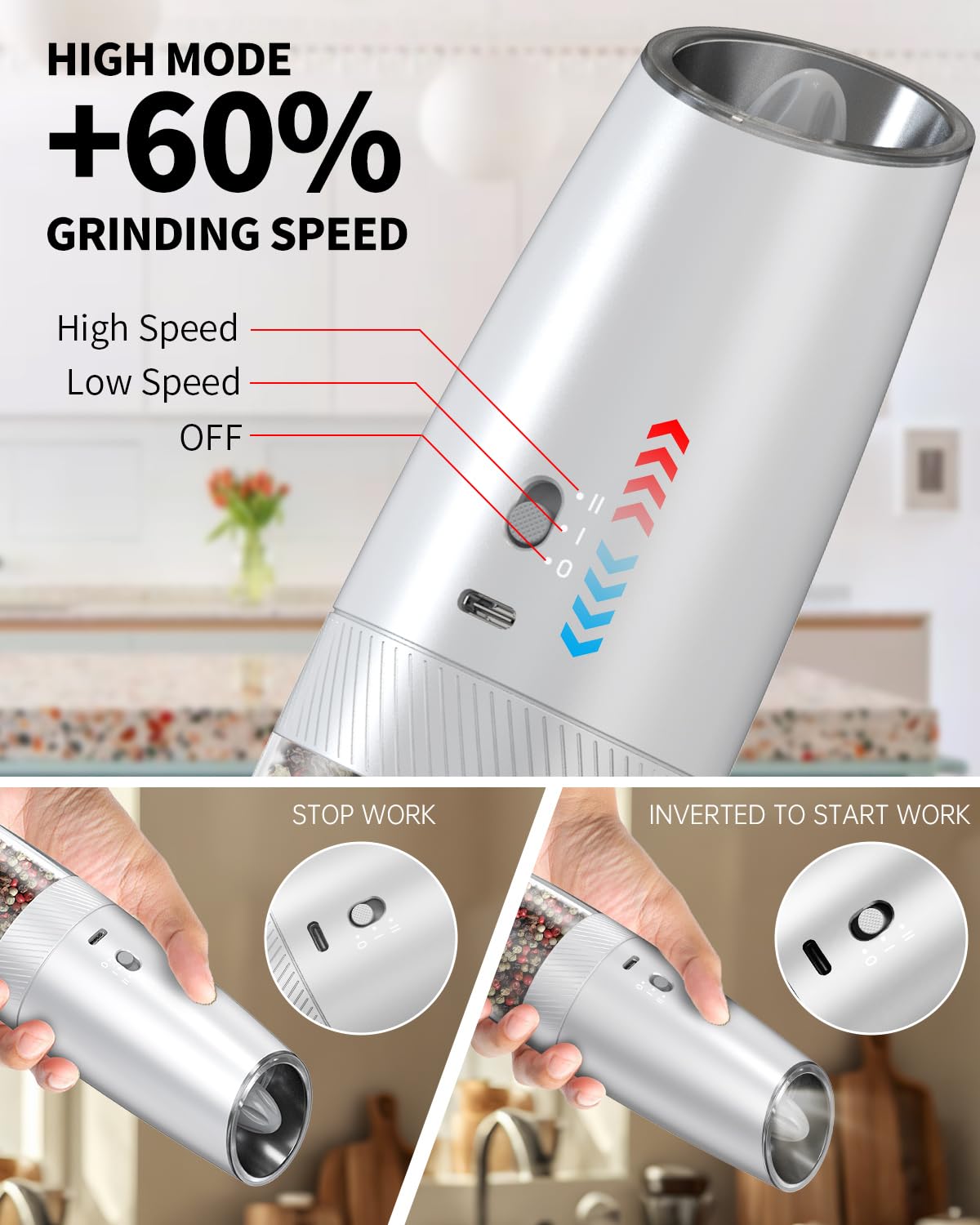 CIRCLE JOY Rechargeable Salt and Pepper Grinder Set Gravity Electric Salt and Pepper Grinder Set, LED Light, Adjustable Coarseness, for Home Kitchen BBQ, Black & White