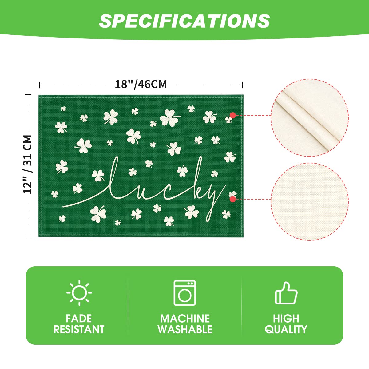 Artoid Mode Green Lucky Shamrock St. Patrick's Day Placemats Set of 4, 12x18 Inch Seasonal Spring Table Mats for Party Kitchen Dining Decoration