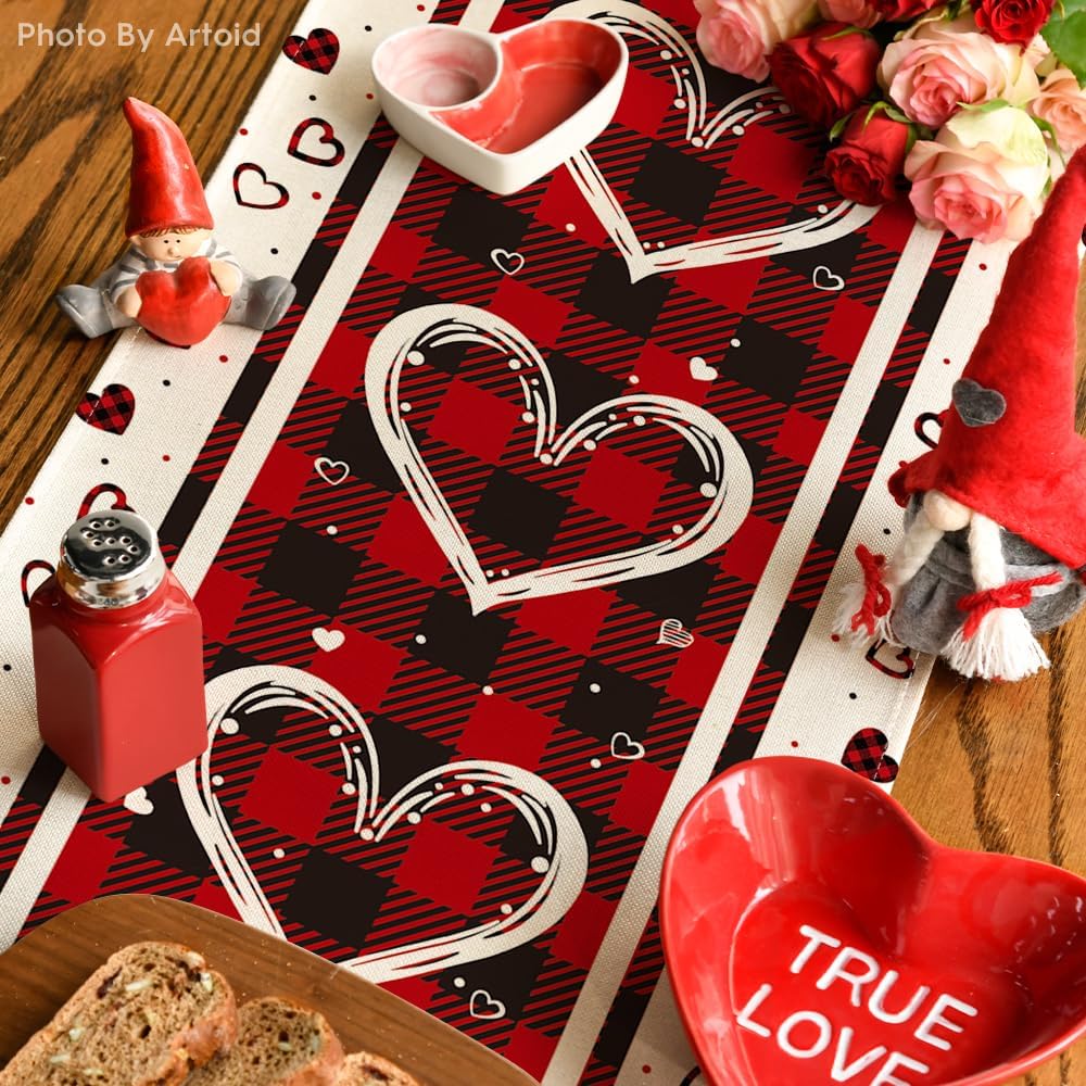 Artoid Mode Buffalo Plaid Love Hearts Valentine's Day Table Runner, Seasonal Kitchen Dining Table Decoration for Indoor Home Party 13x72 Inch