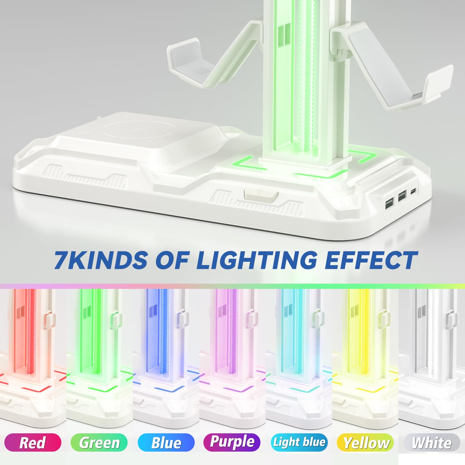 KDD Headphone & Controller Stand with Wireless Charging - Rotatable Headset Stand with 9 Light Modes - Controller Holder with 2 USB and Type C Ports - for Gamers Desktop Accessories