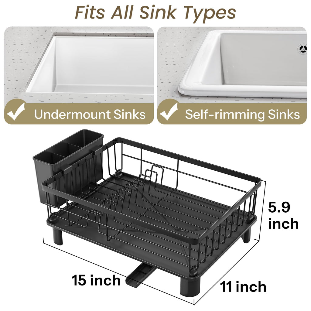 SNTD Dish Drying Rack - Small Dish Rack for Kitchen Counter, Stainless Steel Dish Drainer with Utensil Holder and Drainboard, 11" W x 15" L (Black)