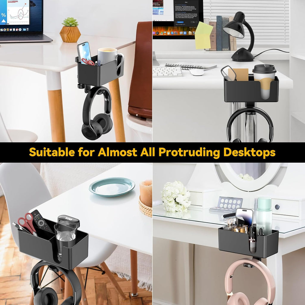 KDD Headphone Stand & Controller Holder & 4 in 1 Desk Cup Holder - Clamp on Under Desk Headphone Hanger