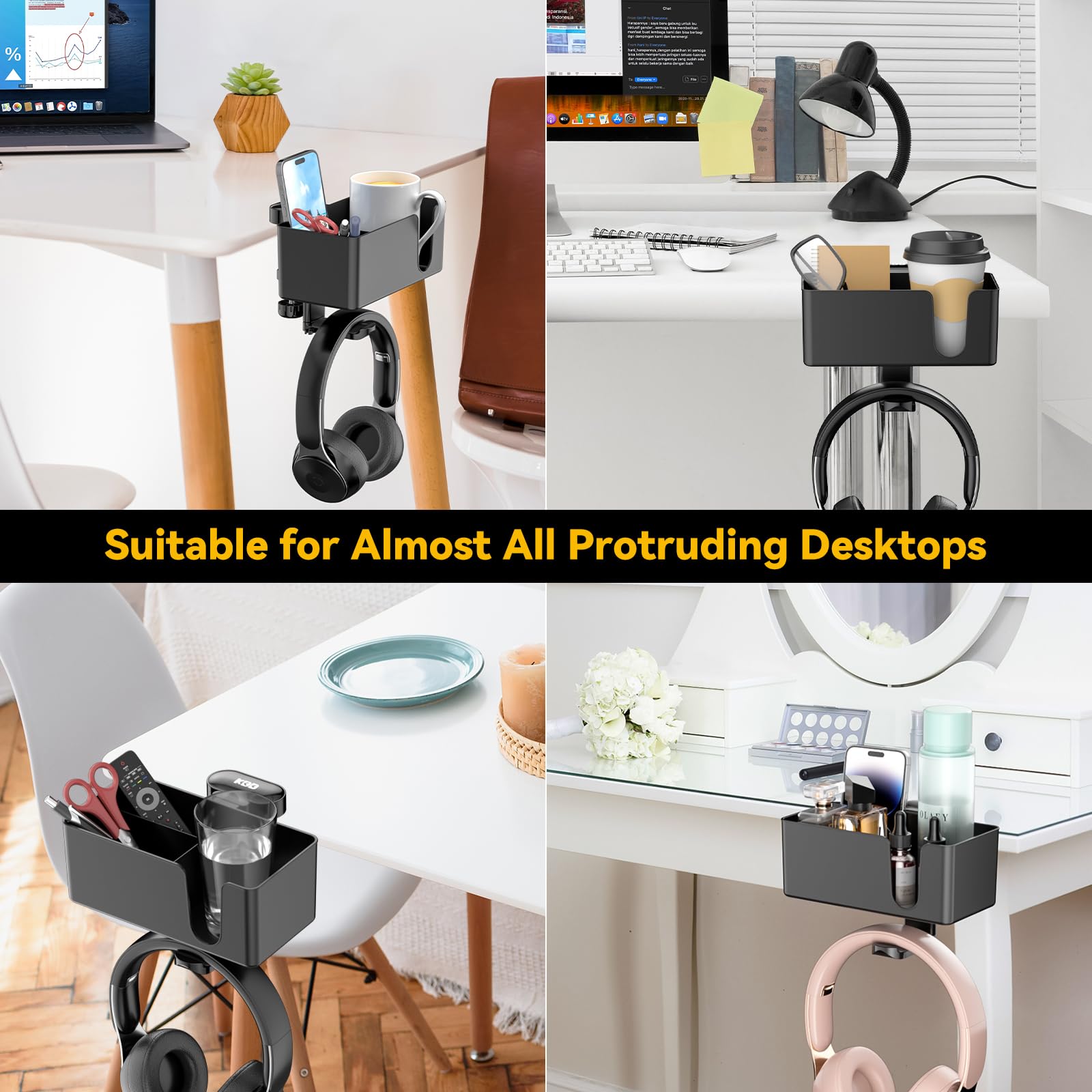 KDD 4 in 1 Desk Cup Holder - Clamp on Under Desk Headphone Hanger - Rotating Headphone Holder Detachable Pen Cup Holder Desktop Storage for Cup, Phone and Pen(Black)
